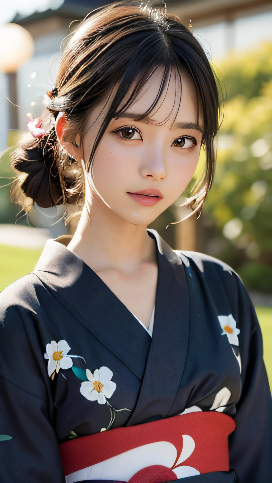 (masutepiece, Best Quality:1.4), Beautiful face, 8K, 85 mm, absurderes, (floral pattern yukata:1.4), close up of face, violaceaess, gardeniass, Delicate girl, Solo, Night, Looking at Viewer, Upper body, Film grain, chromatic abberation, Sharp Focus, face lights, Professional Lighting, Sophisticated, (Smile:0.4), (Simple background, Bokeh background:1.2), Detail Face