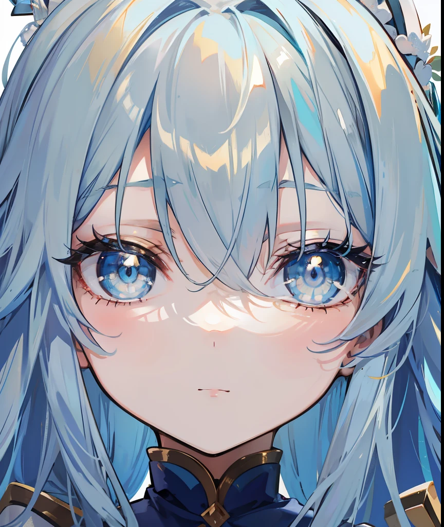 Long light blue hair,Deep golden pupils,Silk dress,A sweet girl