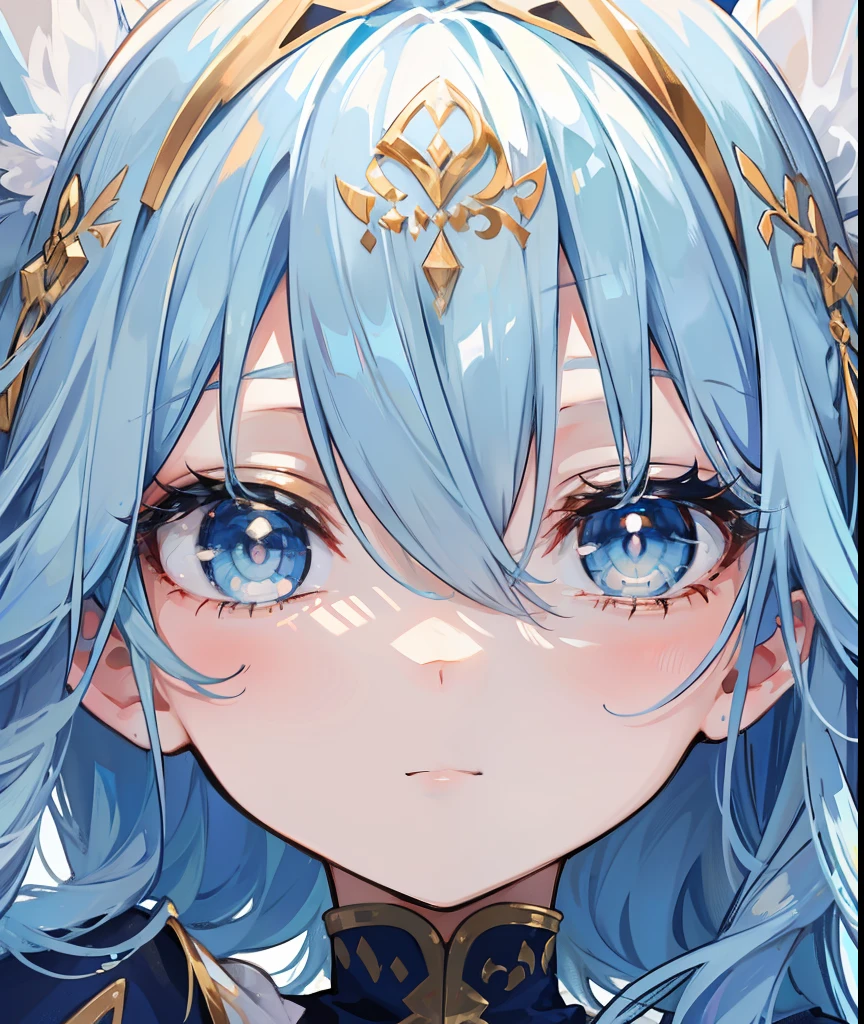 Long light blue hair，Deep golden pupils，Silk dress，A sweet girl