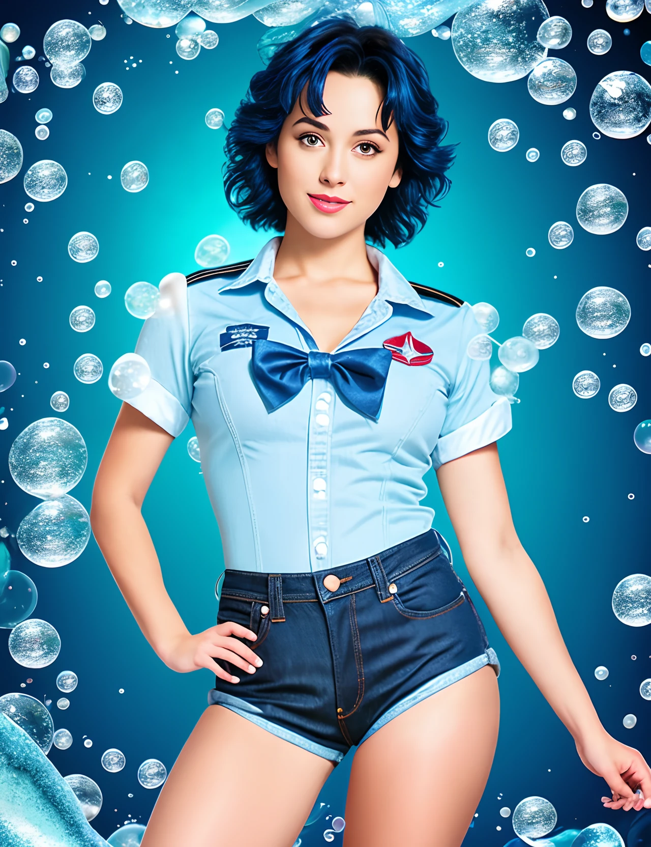 Realistic sailor Mercury wearing a blue jean outfit, mercury background surrounded in bubbles