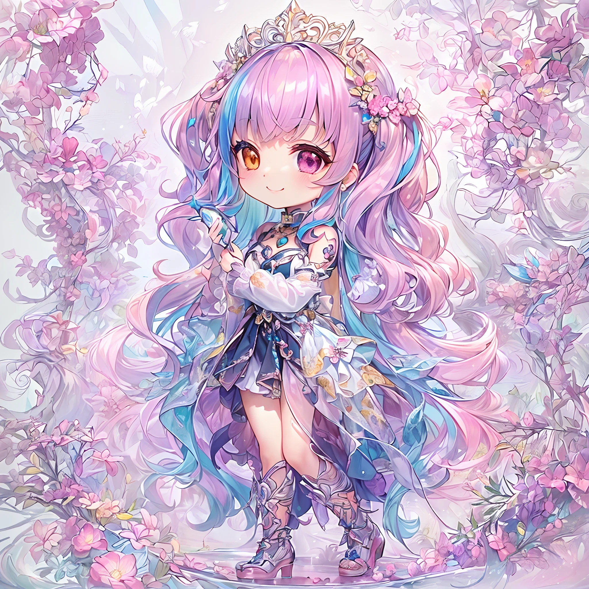 (Chibi:1.5)((masutepiece, of the highest quality, Watercolor art (Pendants), Beautiful and aesthetic: 1.2)), (Golden ratio: 1.2), (Full body: 1.2), (Super Detail: 1.3), (1 girl in: 1.3), (Fractal Art: 1.3), (Glitter Pupil)),(eye glass:1.5) ,(Iridescent hair, Colorful hair, Half light blue and half pink hair: 1.2)), (Heterochromia), (Colorful: 1.5), (((Shy face)), (full body Esbian), (Hyper-detailing), ((delicate detail)), (intricate-detail), ((Cinematic Light, Highest quality backlight)), High contrast, ((The best lighting, Very delicate and beautiful)), (( Cinematic Light)), (ray trace reflection, Glow), (((glowing aura)), ((Glowing hair)), ((Super Detail)), (8K)), ((a closeup)), ((Seductive smile)) ,((FULL BODYSHOT))、(Chibi:1.5)