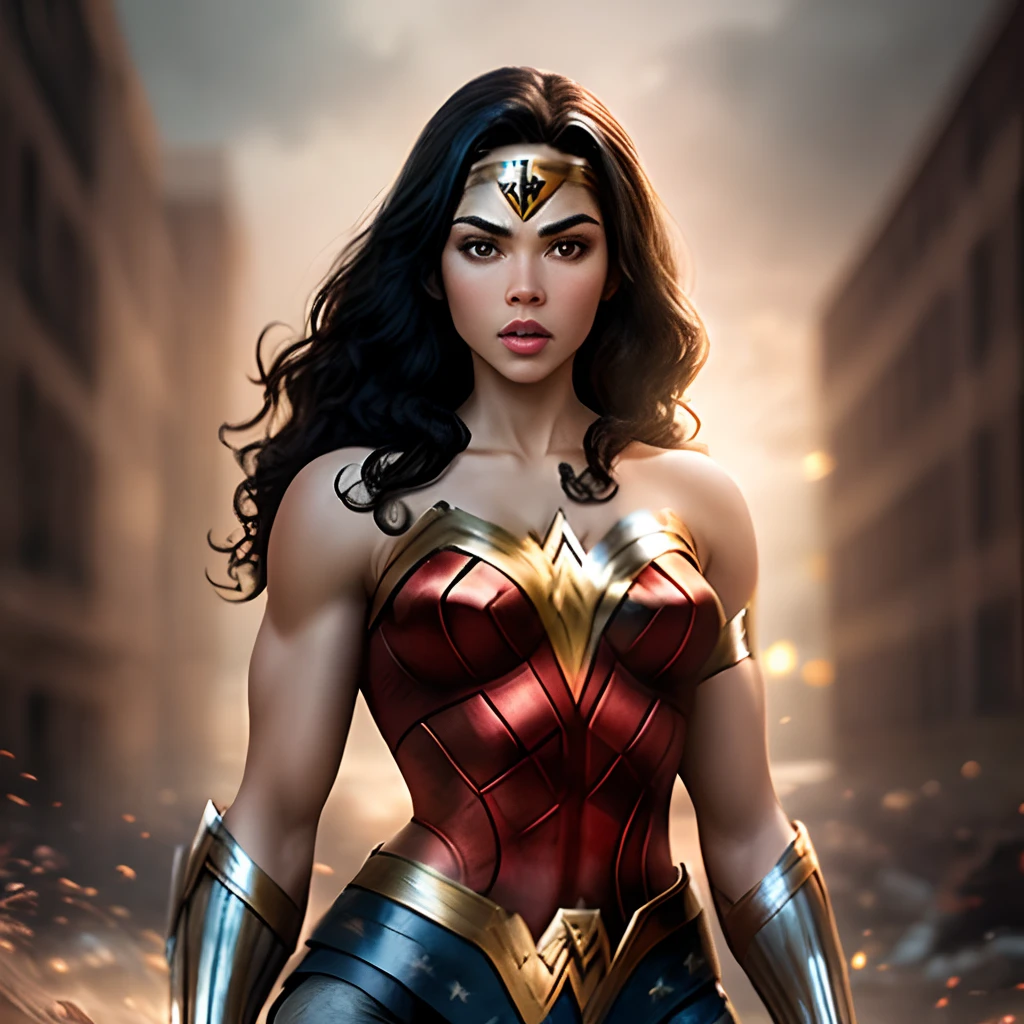 Image only of wonder woman's face with marks of blood and sweat