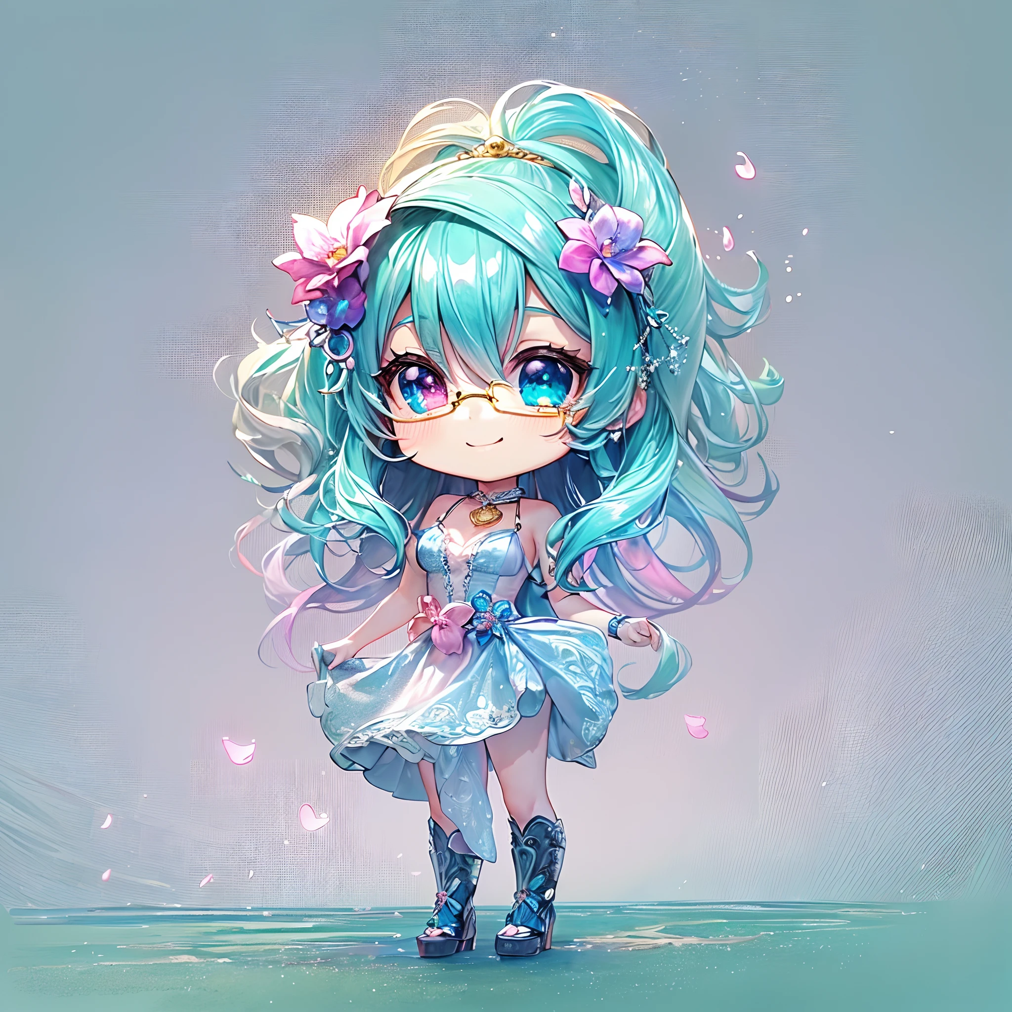 (Chibi:1.5)((masutepiece, of the highest quality, Watercolor art (Pendants), Beautiful and aesthetic: 1.2)), (Golden ratio: 1.2), (Full body: 1.2), (Super Detail: 1.3), (1 girl in: 1.3), (Fractal Art: 1.3), (Glitter Pupil)),(eye glass:1.5) ,(Iridescent hair, Colorful hair, Half light blue and half pink hair: 1.2)),  (Heterochromia), (Colorful: 1.5), (((Shy face)),  (full body Esbian), (Hyper-detailing), ((delicate detail)), (intricate-detail), ((Cinematic Light, Highest quality backlight)), High contrast, ((The best lighting, Very delicate and beautiful)), (( Cinematic Light)), (ray trace reflection, Glow), (((glowing aura)), ((Glowing hair)), ((Super Detail)), (8K)), ((a closeup)),  ((Seductive smile)) ,((FULL BODYSHOT))、(Chibi:1.5)