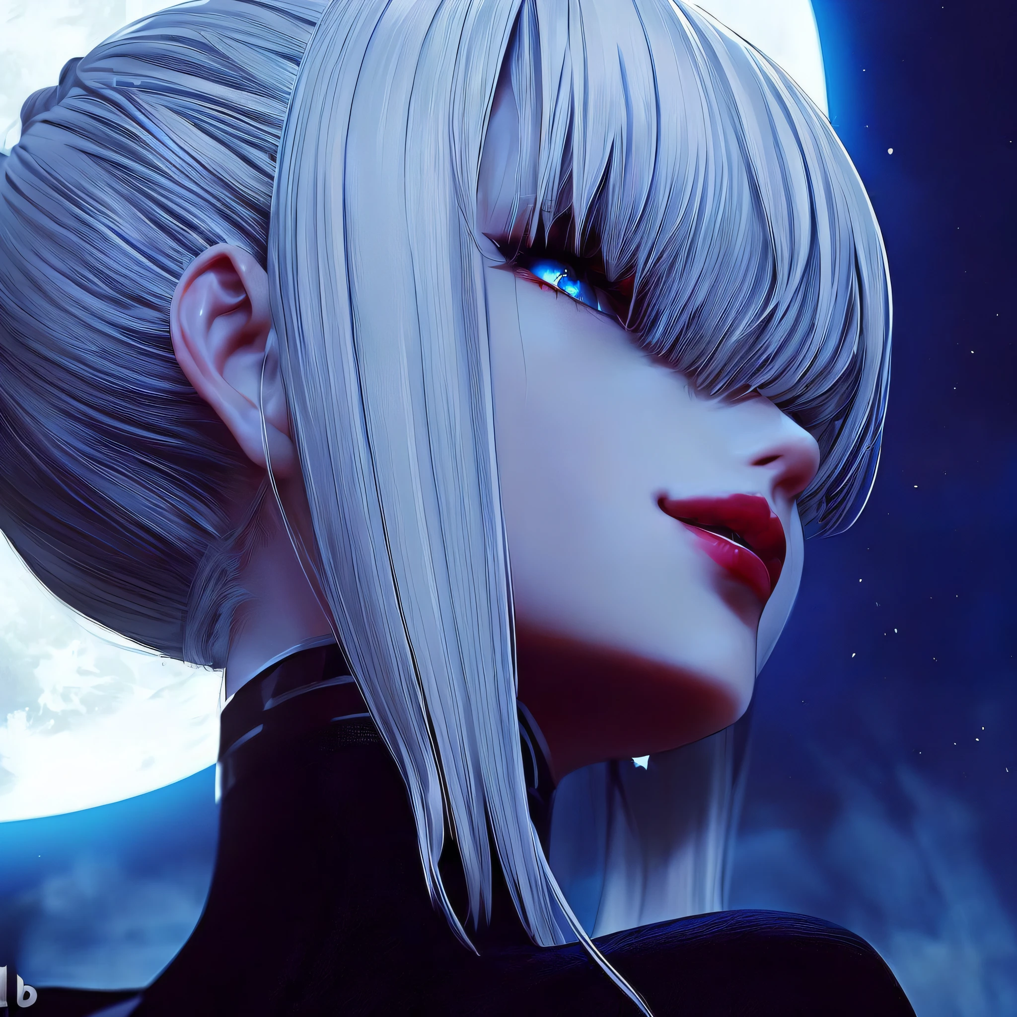side vision, detailed white straight hair tied back in a bun, blue eyes, long sharp fringe covering one eye, soft small lips with red lipstick, naughty smirk, woman with black dress keyhole neckline, imposing, epic anime villain night fullmoon scene, surreal, masterpiece, best quality, ultra realistic, ultra detailed textures and pixels, ultra detailed face, trending on pinterest, high quality, by A-1 Pictures Studio, 8k perfect ultra detailed anime photo