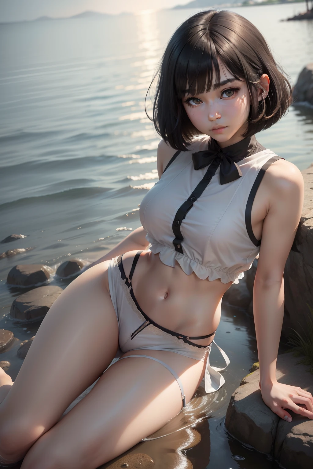 (RAW photo, best quality),(realistic, photo-realistic:1.3), masterpiece, an extremely delicate and beautiful, extremely detailed, CG, unity , 2k wallpaper, Amazing, finely detail, light smile, extremely detailed CG unity 8k wallpaper, huge filesize, ultra-detailed, highres, absurdres, soft light, (((bob cut:1.3), short bang, black hair, floating hair novafrogstyle)), beautiful detailed girl, detailed fingers, extremely detailed eyes and face, beautiful detailed nose, beautiful detailed eyes, long eyelashes, light on face, looking at viewer, (closed mouth:1.2), 1girl, cute, young, mature face, (full body:1.3), ((small breasts)), realistic face, realistic body, beautiful detailed thigh, (ulzzang-6500-v1.1:0.8), {costume : sleeveless shirt}, brown eyes, 23 year old Japan woman with face double eyes black hair bob cut with sea background、Wearing a shirt without sleeves。