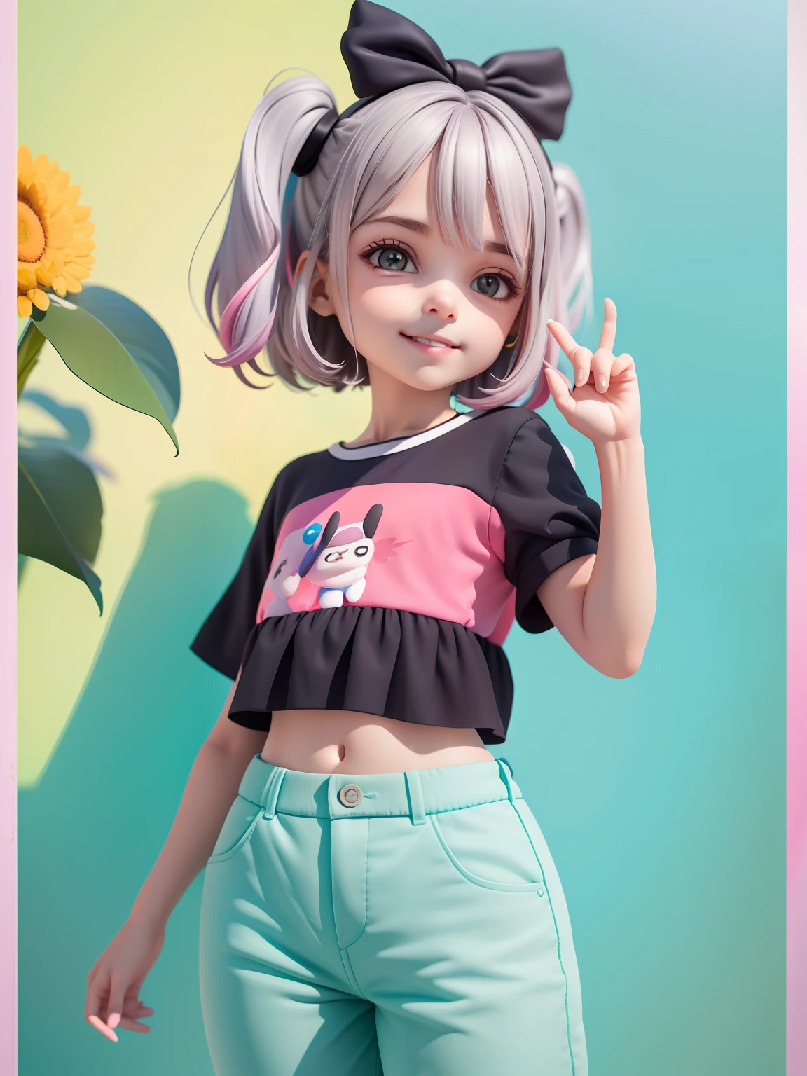 (obra-prima), (melhor qualidade), (ultra-detalhado), (corpo inteiro: 1.2) loli menina loira, negra, pants and mini blouse, sorriso claro, corpo inteiro, :3, cabelo multicolor, curto, preso, pavor, moderno, Modern accessories, fundo tom pastel , colorido e simples.