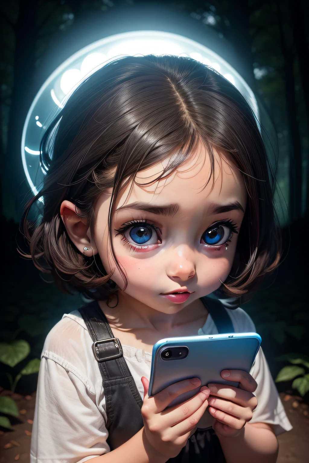 Create a cartoon image of a with big glowing eyes, sentada em uma cadeira, holding a phone in your hands. Her face shows a mixture of charm and fixation as she watches the screen, cercada por uma aura de luz suave.