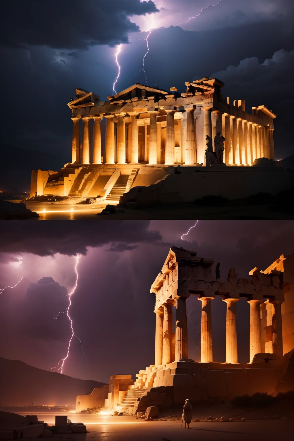 Please create an image of Greece, where there is The Parthenon,  The scene takes place during a lightning storm