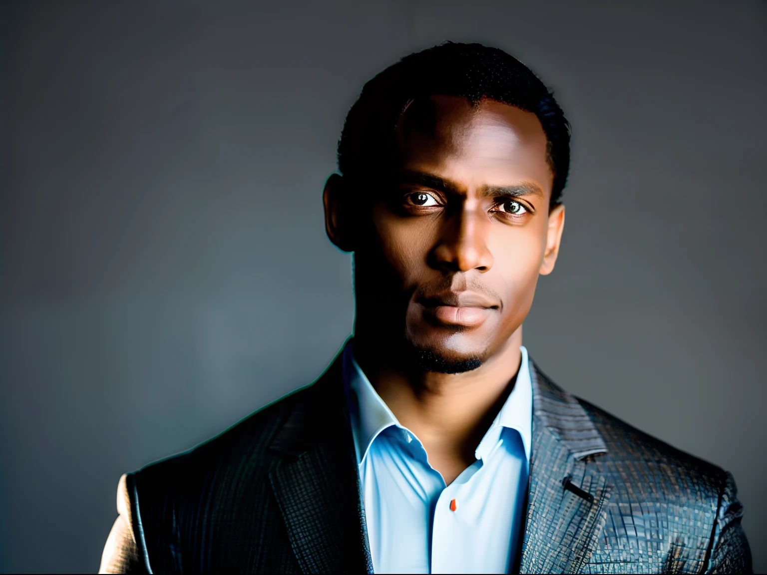 "Retrato de um elegante homem negro usando um terno, staring directly at camera"