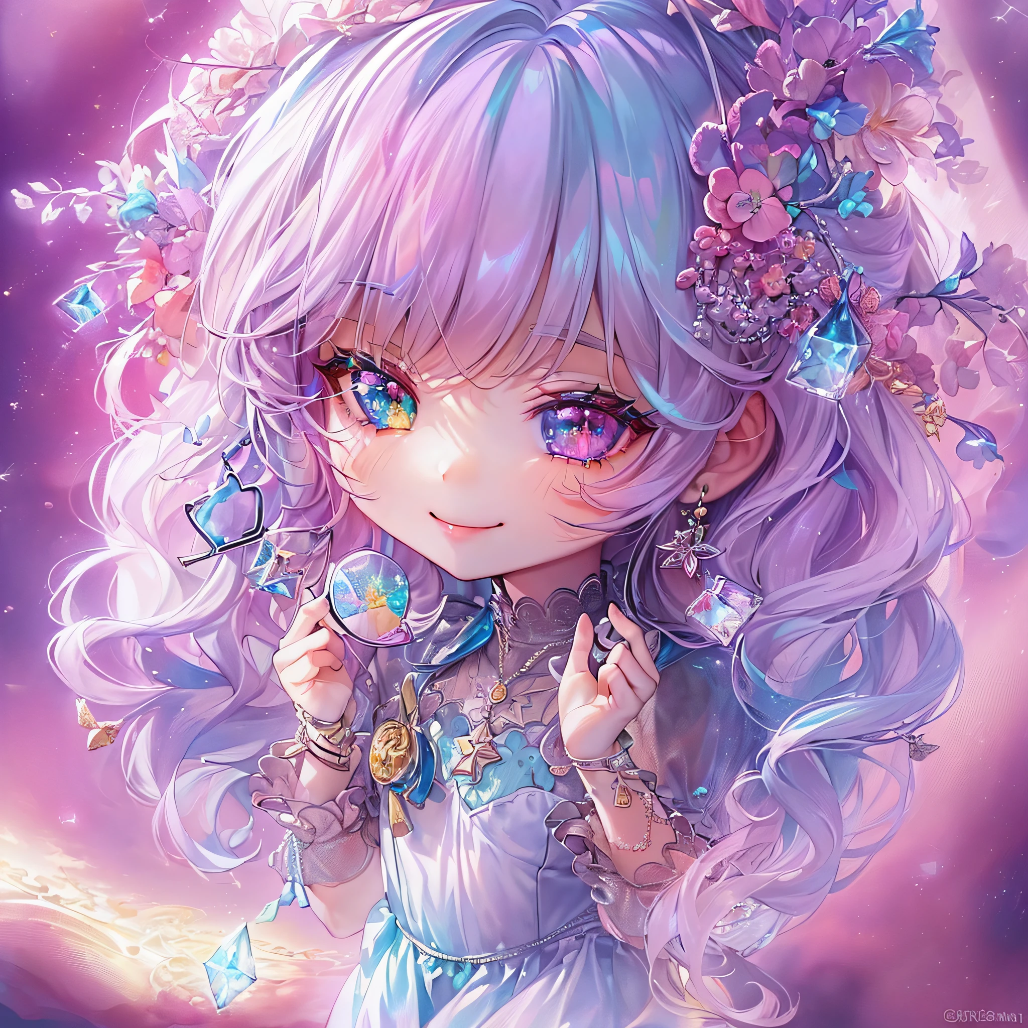 (Chibi:1.5)((masutepiece, of the highest quality, Watercolor art (Pendants), Beautiful and aesthetic: 1.2)), (Golden ratio: 1.2), (Full body: 1.2), (Super Detail: 1.3), (1 girl in: 1.3), (Fractal Art: 1.3), (Glitter Pupil)),(eye glass:1.5) ,(Iridescent hair, Colorful hair, Half light blue and half pink hair: 1.2)), (Heterochromia), (Colorful: 1.5), (((Shy face)), (full body Esbian), (Hyper-detailing), ((delicate detail)), (intricate-detail), ((Cinematic Light, Highest quality backlight)), High contrast, ((The best lighting, Very delicate and beautiful)), (( Cinematic Light)), (ray trace reflection, Glow), (((glowing aura)), ((Glowing hair)), ((Super Detail)), (8K)), ((a closeup)), ((Seductive smile)) ,((FULL BODYSHOT))、(Chibi:1.5)