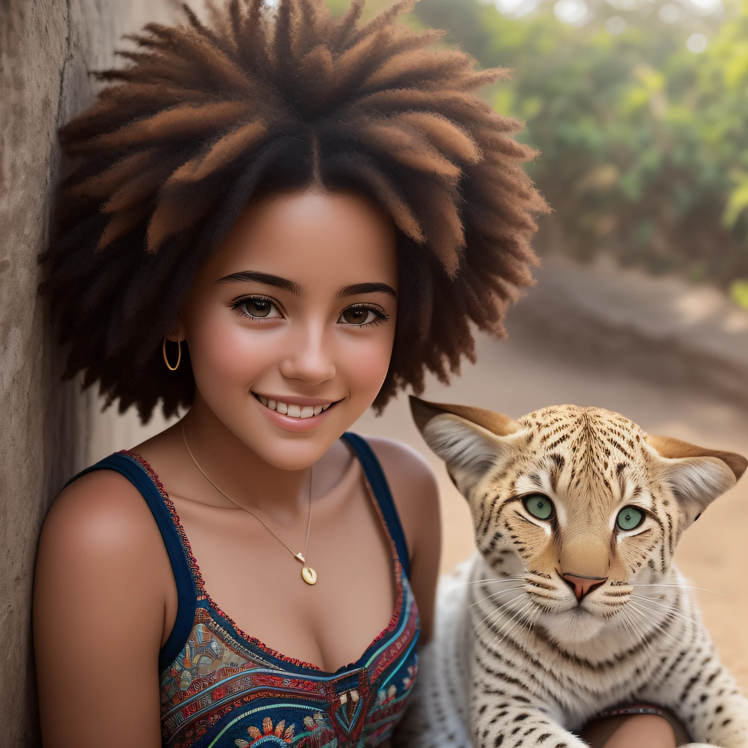 The girl in the picture is a vision of pure innocence and beauty. Seus cabelos cacheados descem pelos ombros de maneira selvagem e despreocupada, enquadrando perfeitamente seu rosto delicado. His bright eyes sparkle with a sense of wonder and curiosity, como se ela estivesse constantemente explorando o mundo ao seu redor. She's dressed in a soft, flowing dress, with intricate lace details that add a touch of elegance to its youthful charm. His hands are clasped together in front of her, como se ela estivesse ansiosamente antecipando o que o futuro reserva. The background is a lush and vibrant garden, com flores de todas as cores e formas florescendo ao seu redor. Sunlight filters through the leaves, casting a warm, inviting glow over the scene. It's a portrait of a young woman on the verge of discovering her place in the world, full of hope and promise for the future. --auto --s2