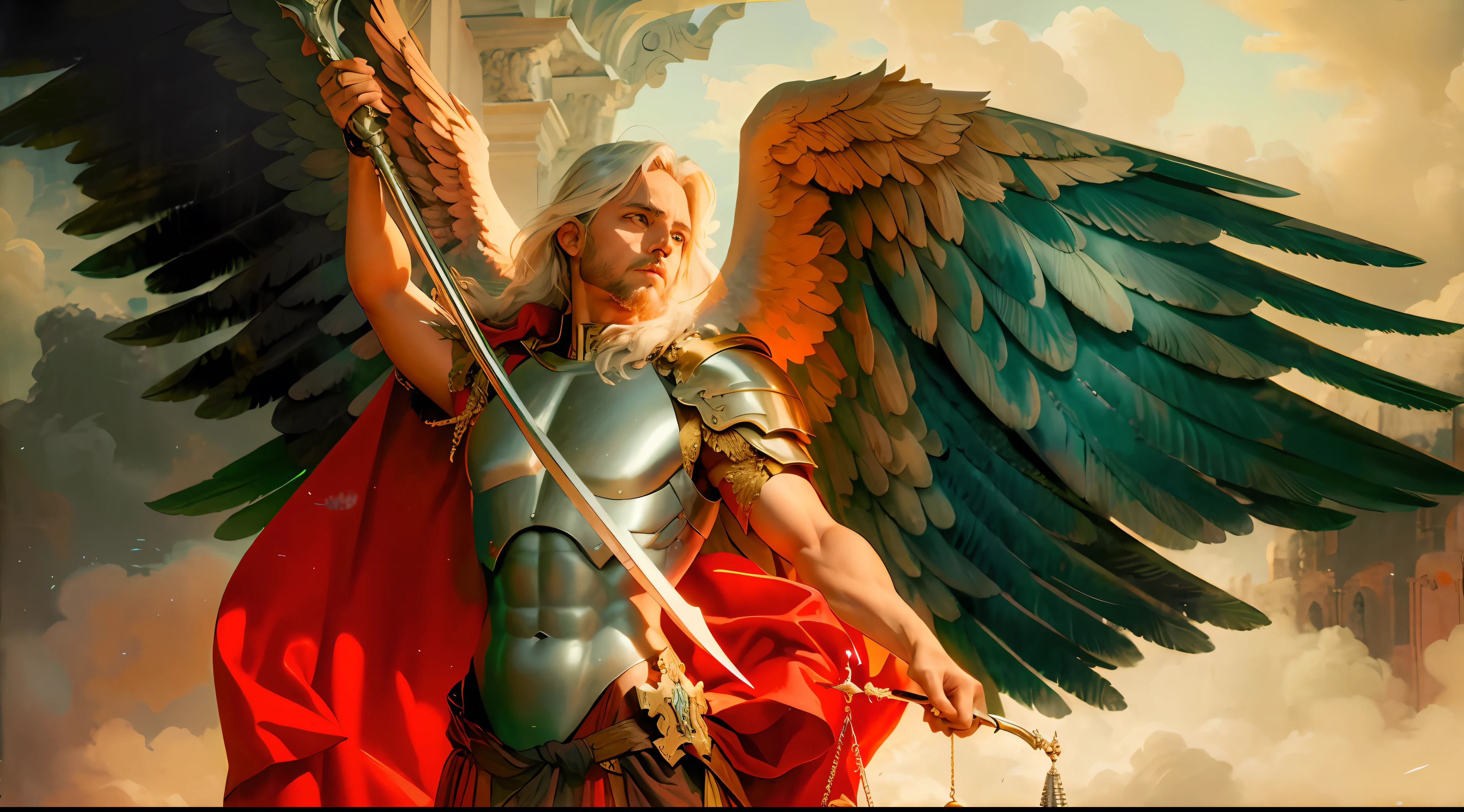 pintura de um homem com uma espada e asas, Arcanjo Miguel, saint michael the angel, arcanjo, totalitarian socialist angel, Directed by: Evelyn De Morgan, Michal, biblical accurate angel, Directed by: Eugene Zak, Directed by: Aleksander Gierymski, Directed by: Bernard Meninsky, anjo protegendo o homem, Directed by: Nicolau Marsicano, Lucifer's, Justice