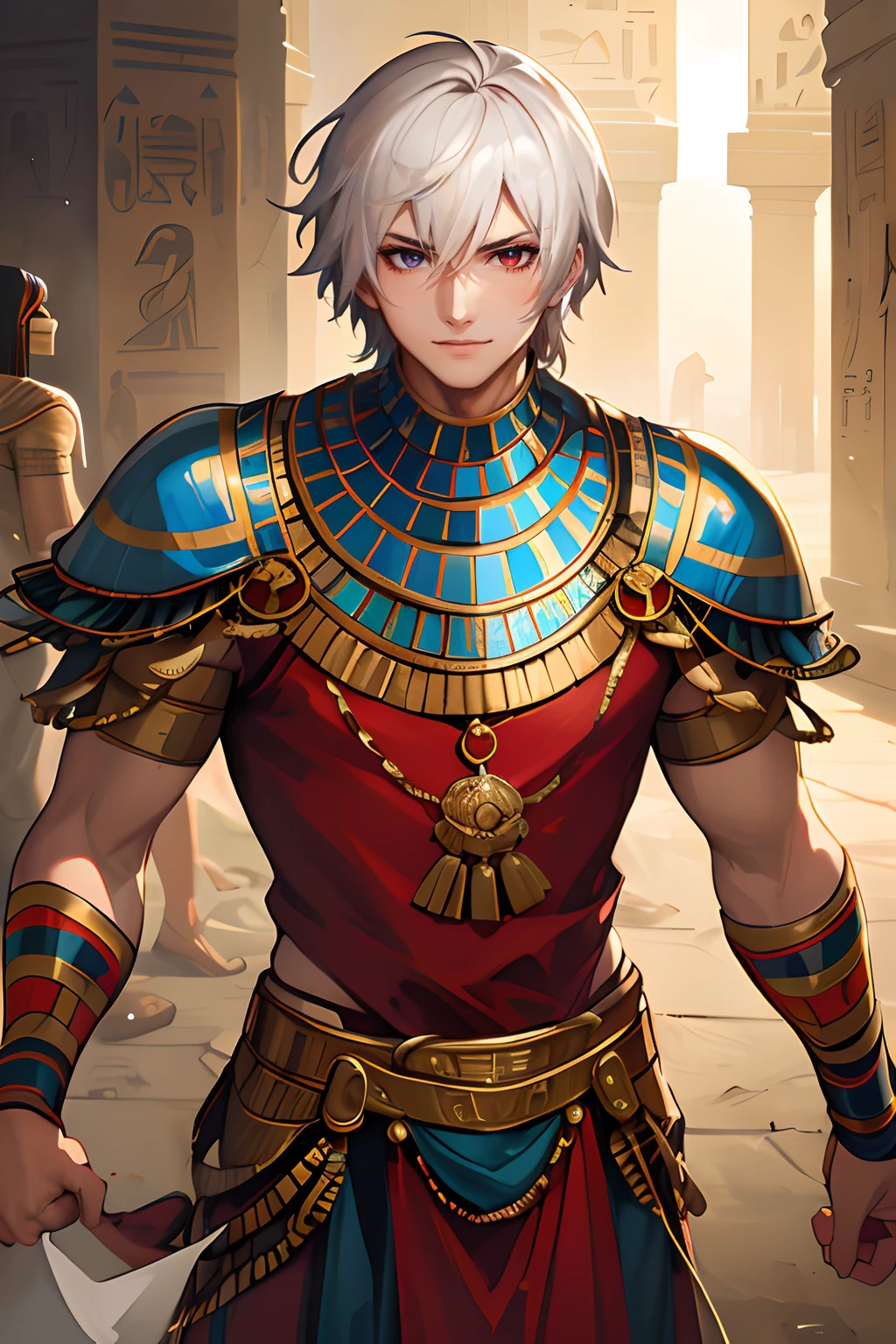 Personaje de anime con cabello blanco y ojos azules en un atuendo rojo, ojos rojos, sonriendo, rostro varonil, Chico guapo en el arte de Demon Slayer, Arte Casimiro, Arte Oficial, Gilgamesh, Keqing de Genshin Impact, Arte oficial de alto detalle, official illustration of the character, Arte detallado del personaje de anime, Arte oficial del personaje, Fanart exquisito altamente detallado