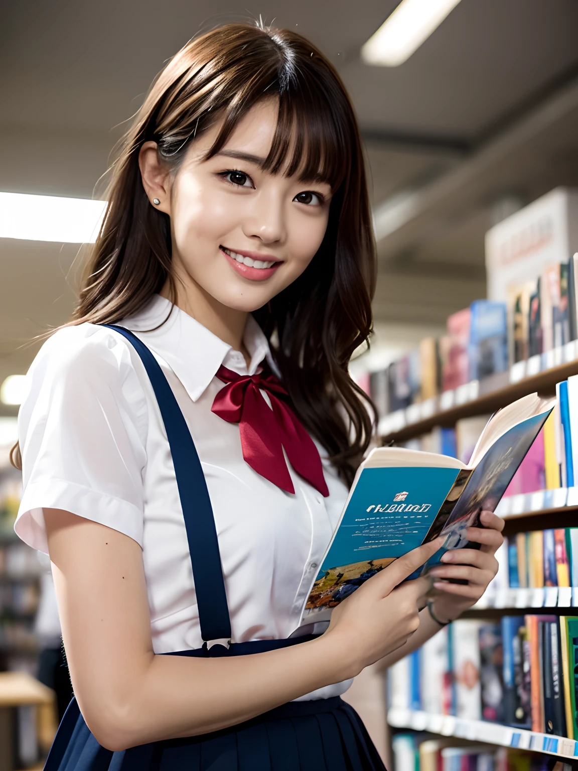 masterpiece, close up shot of a face, front view, 1 woman per 1 photo, a Japanese young pretty woman, hyper pretty face, 18 years old, reading a guidebook in a book store with carrying a tote bag on her shoulder, big smile, glamorous figure, wearing a short sleeves silky white collared shirt with shiny satin red plain bow tie, glossy lips, double eyelids in both eyes, natural makeup, long eyelashes, shiny smooth light brown hair of medium length, asymmetrical bangs, tanned skin, wearing a dark blue pleated skirt, head in the frame, central image, 8K resolution, high detail, detailed hairstyle, Detailed Face, spectacular cinematic lighting, octane rendering, vibrant, hyper realistic, perfect limbs, perfect anatomy