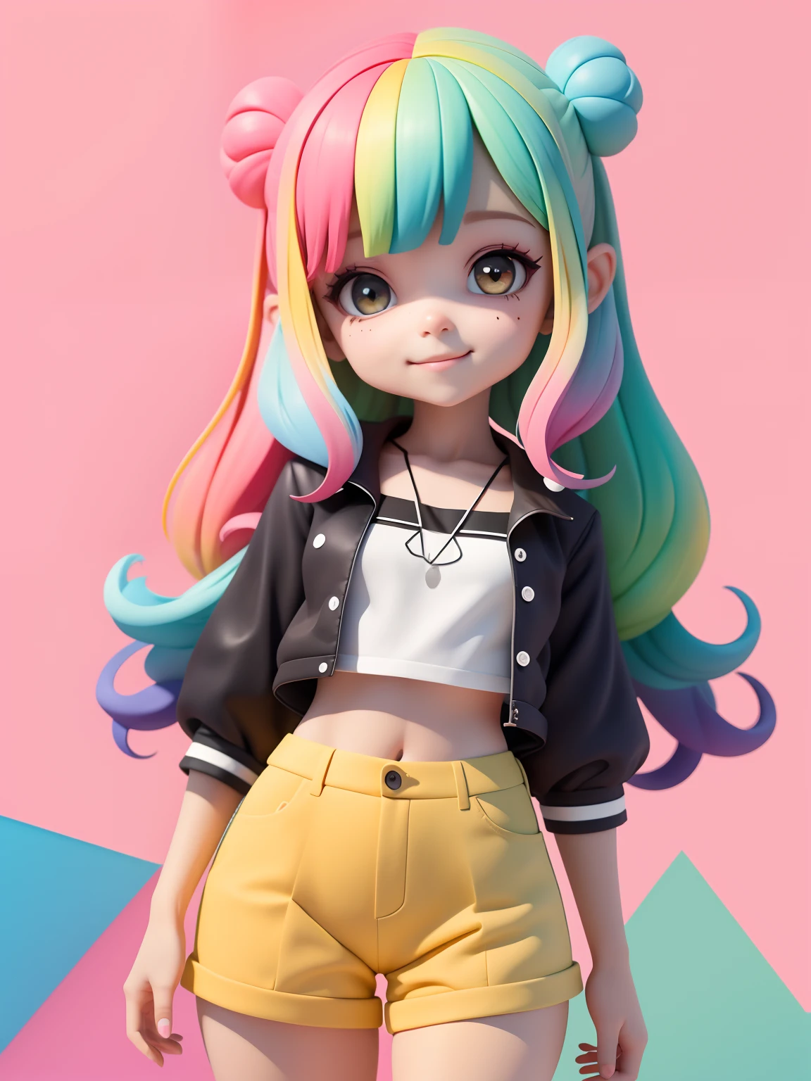 (obra-prima), (melhor qualidade), (ultra-detalhado), (corpo inteiro: 1.2) loli menina loira, negra, pants and mini blouse, sorriso claro, corpo inteiro, :3, cabelo multicolor, curto, preso, pavor, moderno, Modern accessories, fundo tom pastel , colorido e simples.