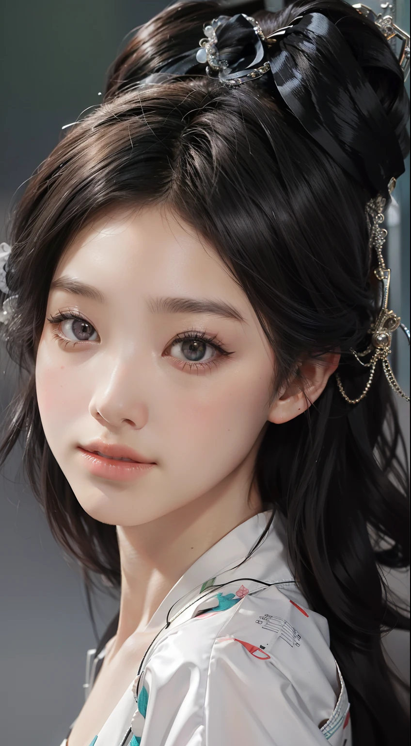 1girll,独奏,(best qualtiy),(tmasterpiece:1.1),(校服:1.4),Black colored eyes,shift dresses,Looking_at_peeping at the viewer,Neck_ribbon,adolable,Clear facial skin,