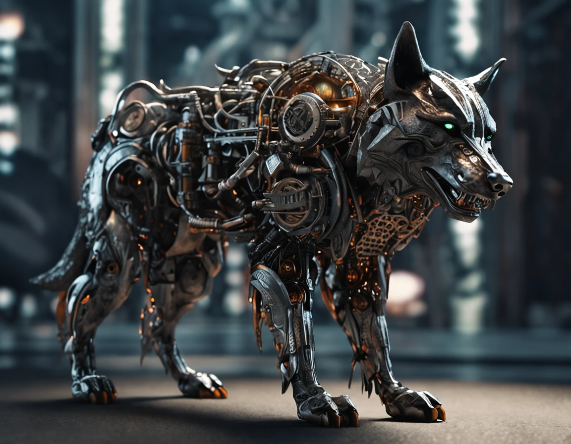 maximum quality, Dramatic lighting, menacing pose, fierce expression, epic atmosphere, (((wolf head shaped helmet))), (((full body shot))),a wolf made out of metal, cyborg, cyberpunk style, clockwork, ((intricate details)), hdr, ((intricate details, hyperdetailed)), incandescent lamps, cinematic shot, vignette, bokeh effect beckground, (canines), (full body shot).
