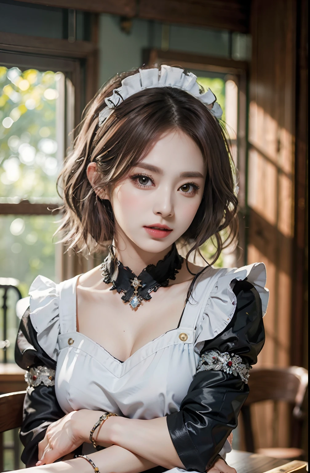 (8K, Raw photography, top-quality, masterpiece: 1.2), masterpiece, Super Detail, 超A high resolution, (Realistic and realistic photos: 1.37), high-definition RAW color photography, extremely delicate and beautiful, ighly detailed, 8K Wallpaper, astonishing, detaileds, extremely detailed eye, highlydetailed skin, extremely detailed fingers, highly detailed nose, highly detail mouth, perfect anatomia,1girl in, Apron, Black Dress, Blurry, Blurry background, Blurred foreground, blush, braid, breasts, depth of fields, Dress, eyebrows visible through hair, frilld, gloves, hair between eye, Indoors, Jewelry, juliet sleeves, Long sleeves, Looking at Viewer, maid, maid apronl, Maid headdress, Puffy sleeves, Short hair, Sitting, Solo, White Apron, window, Huge boobs、乃木坂アイドル、韓国アイドル、hposing Gravure Idol、女優、25-years old、tall、cafes、resturant、Italy、Americans、Australia
