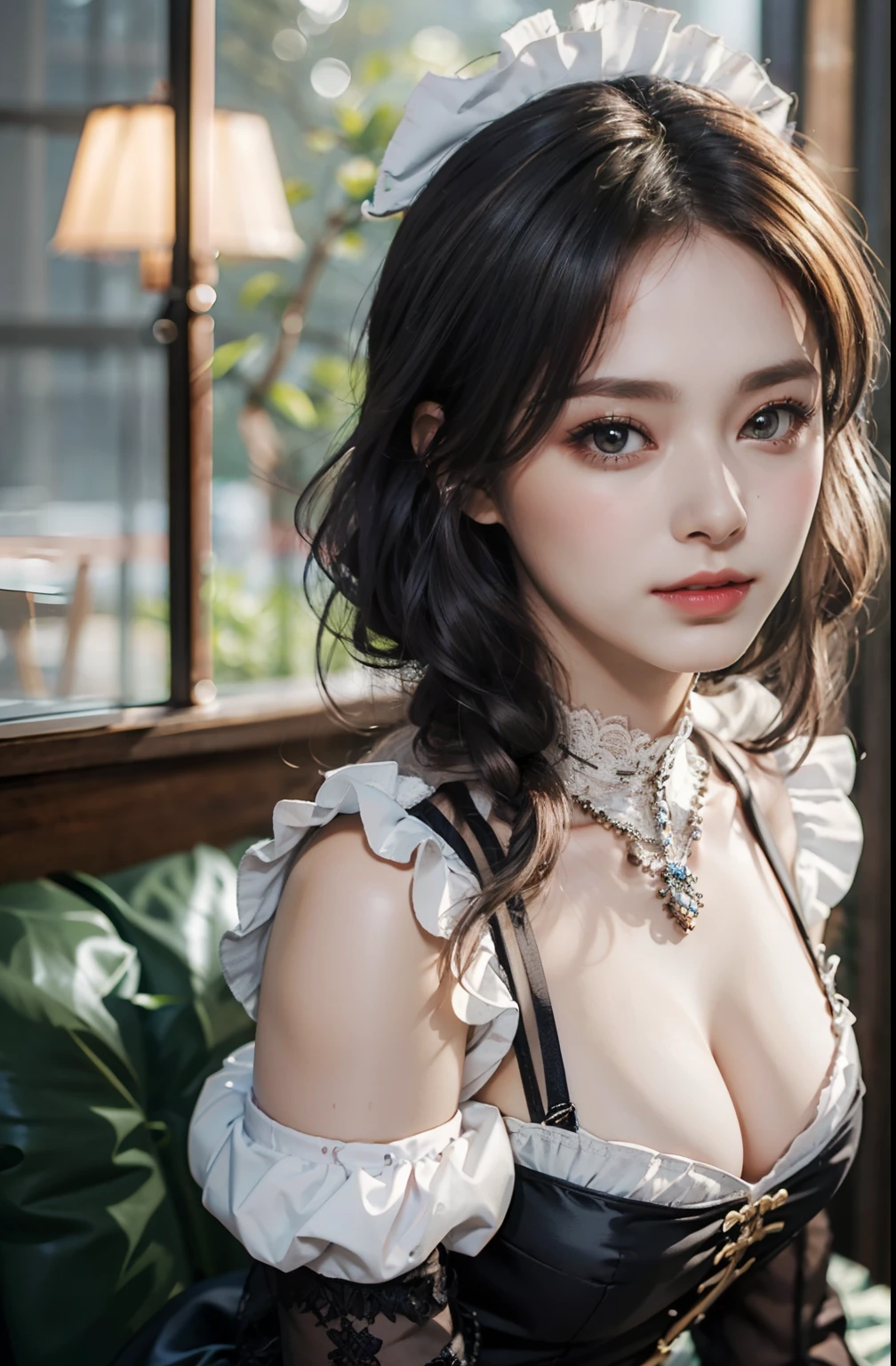 (8K, Raw photography, top-quality, masterpiece: 1.2), masterpiece, Super Detail, 超A high resolution, (Realistic and realistic photos: 1.37), high-definition RAW color photography, extremely delicate and beautiful, ighly detailed, 8K Wallpaper, astonishing, detaileds, extremely detailed eye, highlydetailed skin, extremely detailed fingers, highly detailed nose, highly detail mouth, perfect anatomia,1girl in, Apron, Black Dress, Blurry, Blurry background, Blurred foreground, blush, braid, breasts, depth of fields, Dress, eyebrows visible through hair, frilld, gloves, hair between eye, Indoors, Jewelry, juliet sleeves, Long sleeves, Looking at Viewer, maid, maid apronl, Maid headdress, Puffy sleeves, Short hair, Sitting, Solo, White Apron, window, Huge boobs、乃木坂アイドル、韓国アイドル、hposing Gravure Idol、女優、25-years old、tall、cafes、resturant、Italy、Americans、Australia
