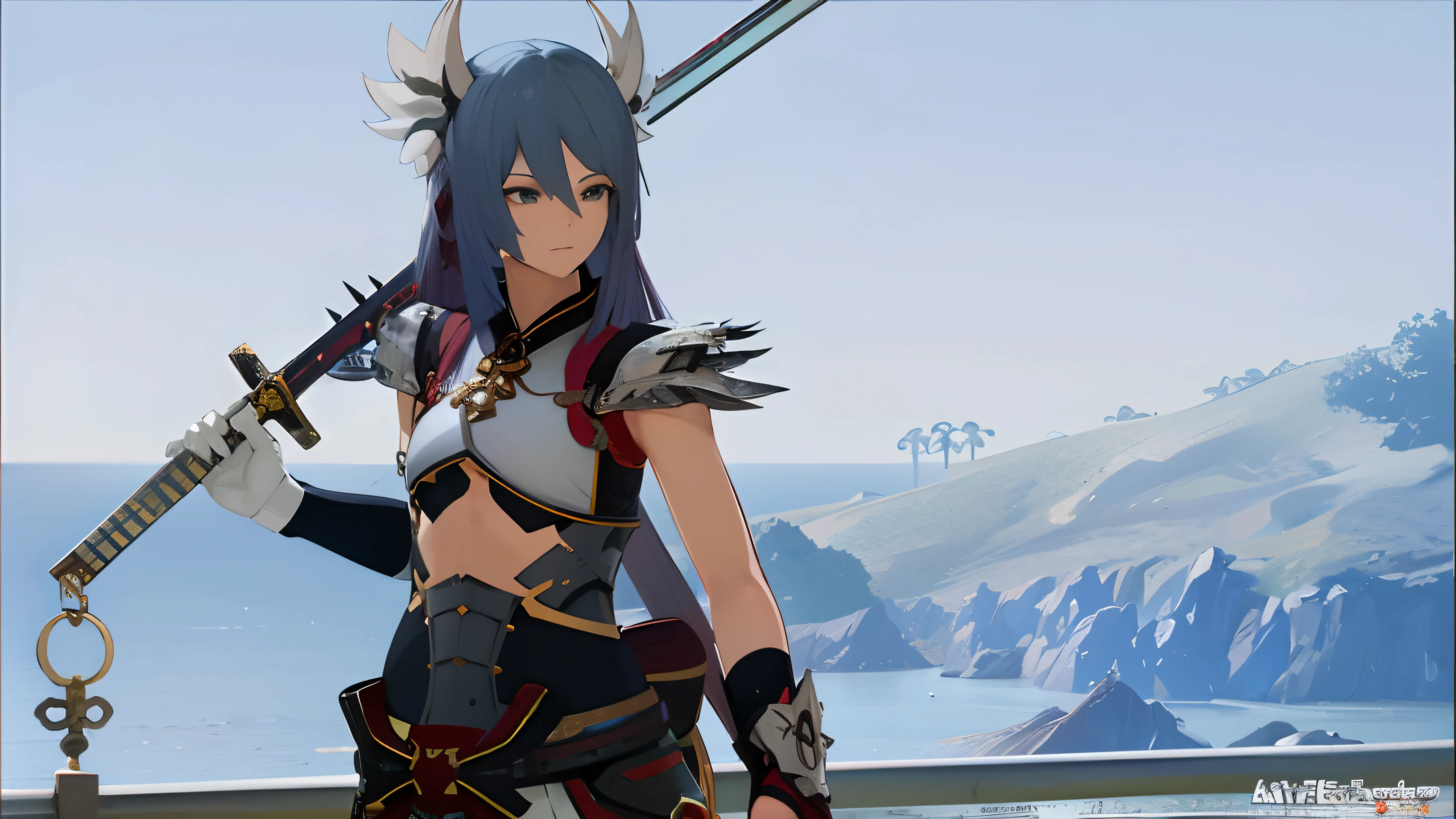 anime character with sword and armor standing in front of a mountain, ayaka game genshin impact, ayaka genshin impact, keqing from genshin impact, final fantasy 14 style, katana zero video game character, zhongli from genshin impact, genshin impact character, video game screenshot>, 8 k character details, thancred waters