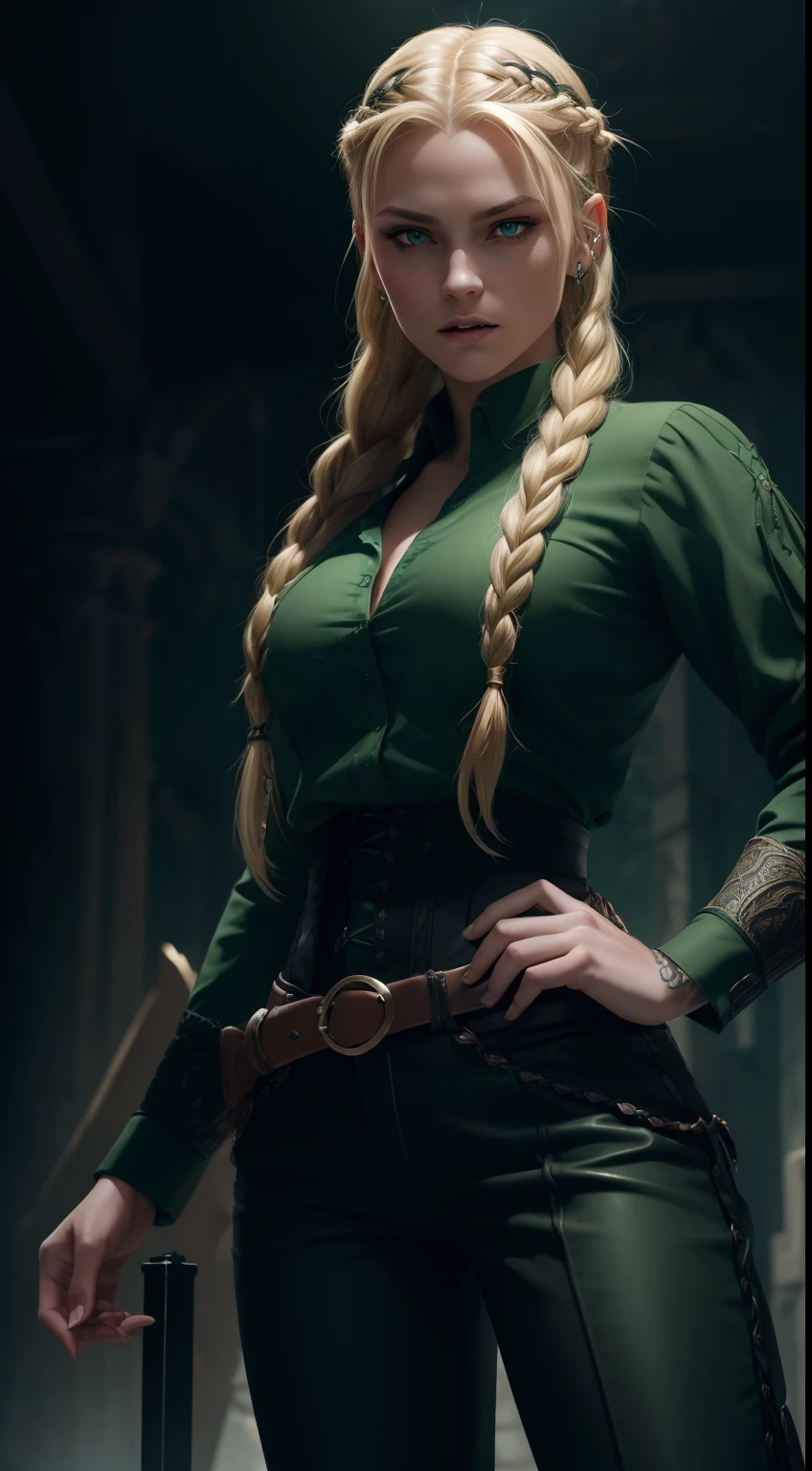 (A beautiful female vampire mercenary), (braided blonde hair), (wearing green shirt and black long pants), dynamic pose, dynamic angle shot, ambient lighting, photo realism, intricate face detail, intricate hand details, highly detailed, vibrant colors, cinematic, high definition, trending on Artstation--style raw