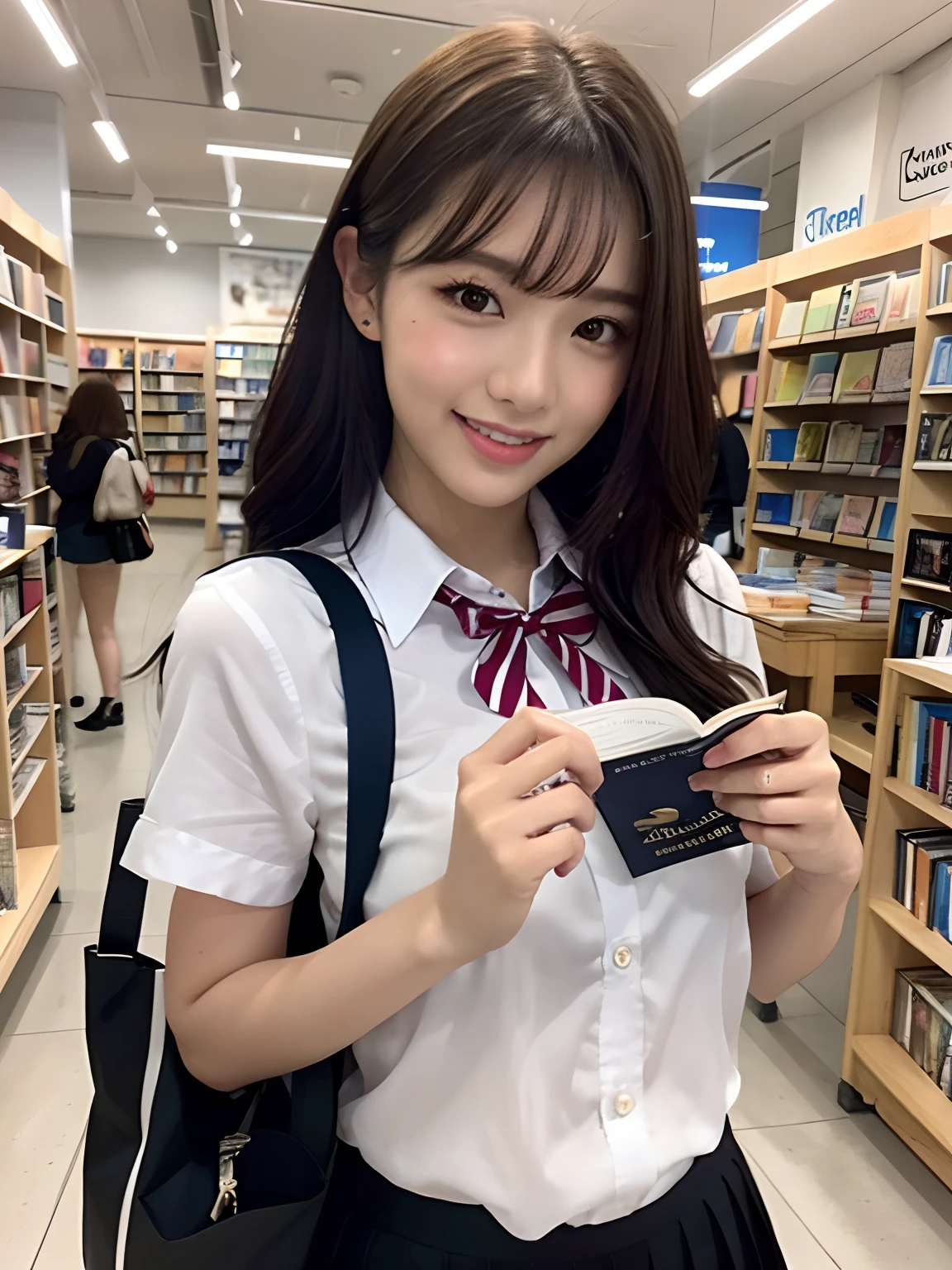 masterpiece, close up shot of a face, front view, 1 woman per 1 photo, a Japanese young pretty woman, hyper pretty face, 18 years old, reading a guidebook in a book store with carrying a tote bag on her shoulder, big smile, glamorous figure, wearing a short sleeves silky white collared shirt with shiny satin red plain bow tie, glossy lips, double eyelids in both eyes, natural makeup, long eyelashes, shiny smooth light brown hair of medium length, asymmetrical bangs, tanned skin, wearing a dark blue pleated skirt, head in the frame, central image, 8K resolution, high detail, detailed hairstyle, Detailed Face, spectacular cinematic lighting, octane rendering, vibrant, hyper realistic, perfect limbs, perfect anatomy
