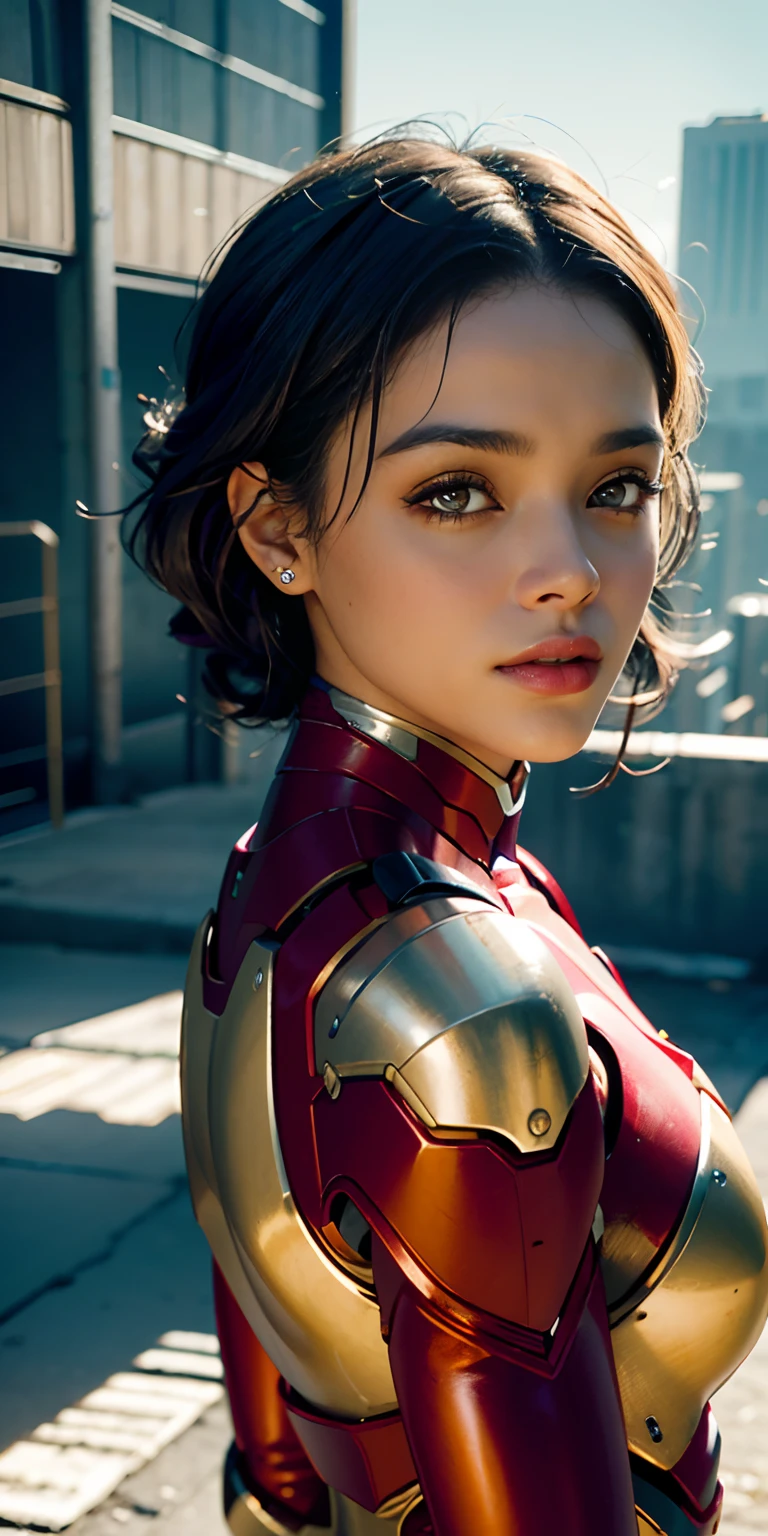 RAW, obra-prima, foto ultrafina, melhor qualidade, Ultra high resolution, fotorrealista, luz solar, retrato de corpo inteiro, incrivelmente bonito, dinamic poses, rosto delicado, olhos vibrantes, (vista lateral), rhianna is using a futuristic Iron Man engine , esquema de cores vermelho e dourado, highly detailed abandoned warehouse background, rosto detalhado, fundo ocupado detalhado e complexo, Messy, lindo, branco leitoso, pele altamente detalhada, detalhes de pele realistas, visible pores, foco nítido, Volumetric mist, 8k uhd, DSLR Camera, alta qualidade, grain of film, pele clara, fotorrealismo, lomografia, Booming metropolis in futuristic dystopia, vista de baixo, translucid