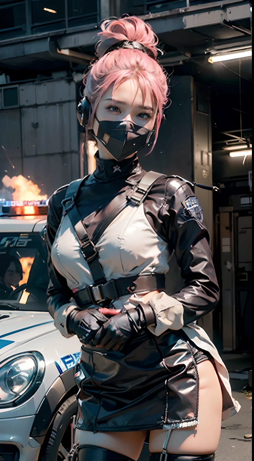 Top Quality, Ultra High Definition, (backlight), (Photorealistic: 1.4), (cowboy shot), 1 Beautiful Girl, (Kpop Idol), Detailed Face, (Pink updo Hair: 1.3),  Contrapposto, Smooth Skin, Perfect Anatomy, Professional Lighting, ((wearing Futuristic Police Racing Suits, mini body-conscious skirt or low hot pants, police wappen, High-tech Headset, military harness, racing gloves, machinegun)), ("POLICE", Cloths based on silver pink black white), (background, (Audience Coming close), crashed cars, fire, (Explosion)),