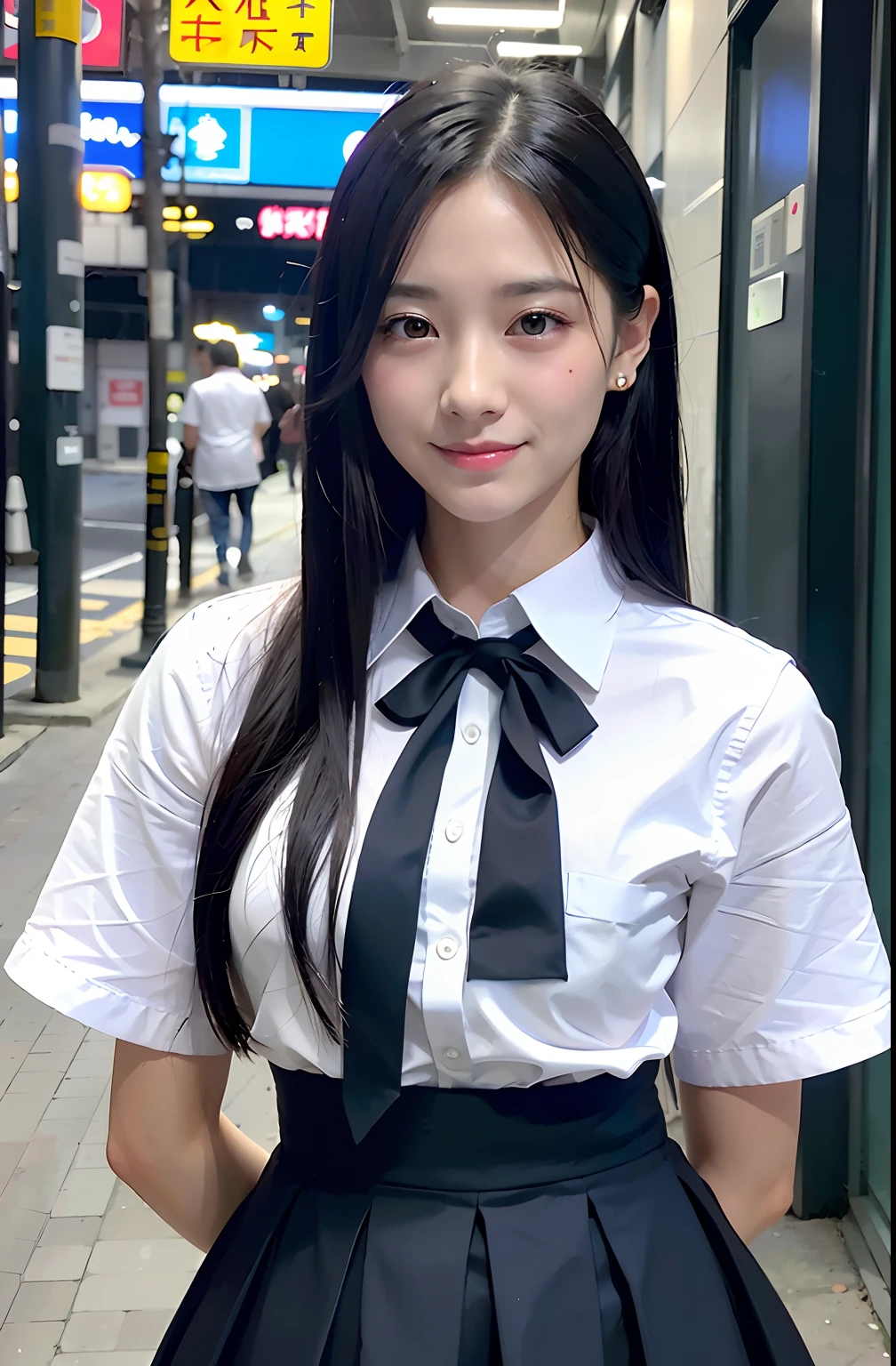 (8k, RAW photo, best quality, mastery:1.3), (realistic, photo-realistic:1.37), (looking viewer:1.331), (black hair), posing, Tokyo street, nightcityscape, cyberpunk city, soft light, 1girl, extremely beautiful face , Perfect body proportions, (small face: 1.1), bust, casual hairstyle, smile, big eyes, (short sleeves JK_shirt), JK_style, (navy JK_skirt), (bow JK_tie), mix4, detailed eyes