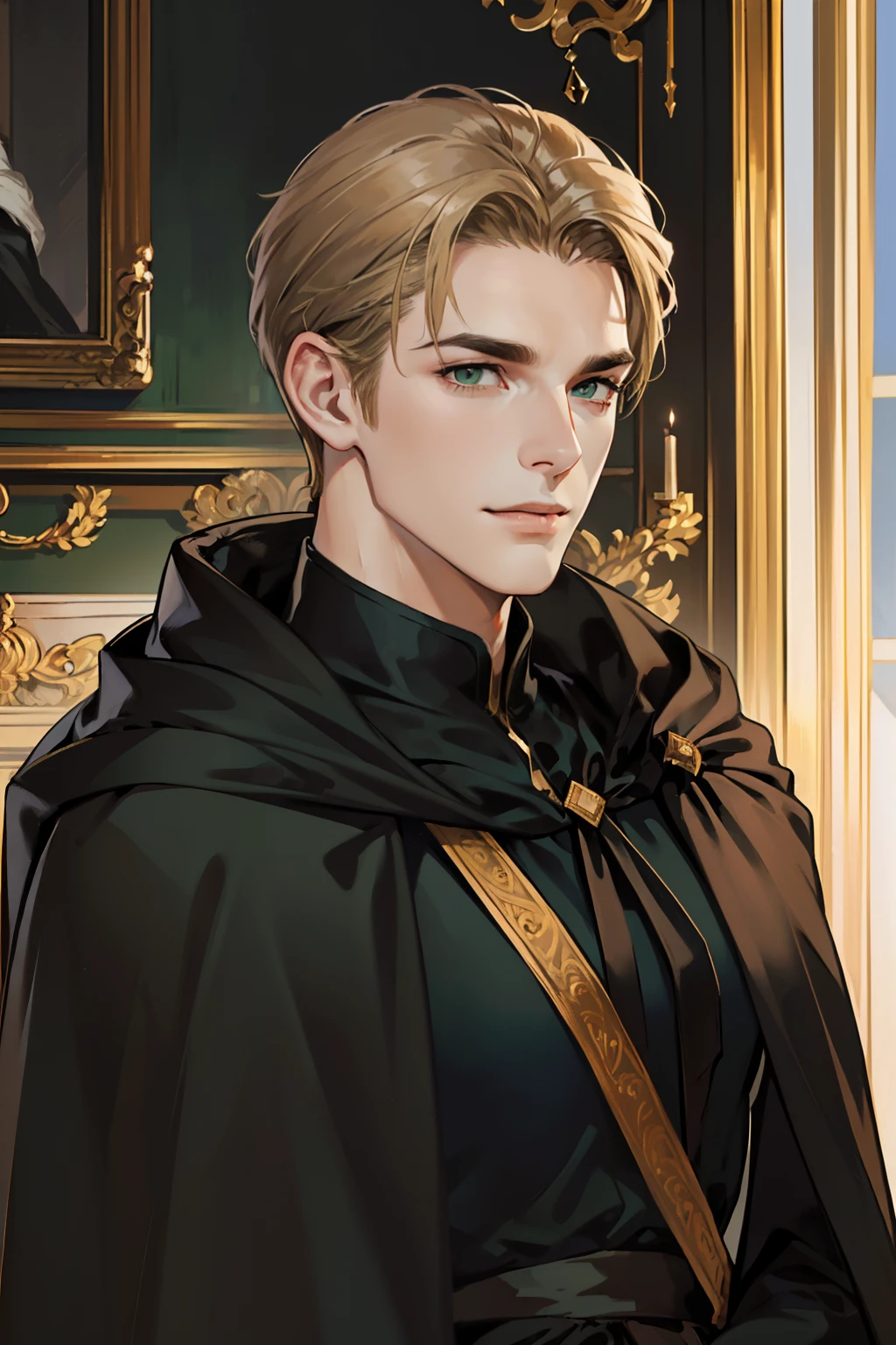 masterpiece, best quality, realistic, 1man, mature male, quiet and charming young man, 25years old, a smirk, closed mouth, portrait, extremely detailed face, a little distant, ((dark green eyes)), ((short-side-swept sandy blonde hair)), [thick eyebrows], library, ((long black cape)), (evil king), ((all black cloth))