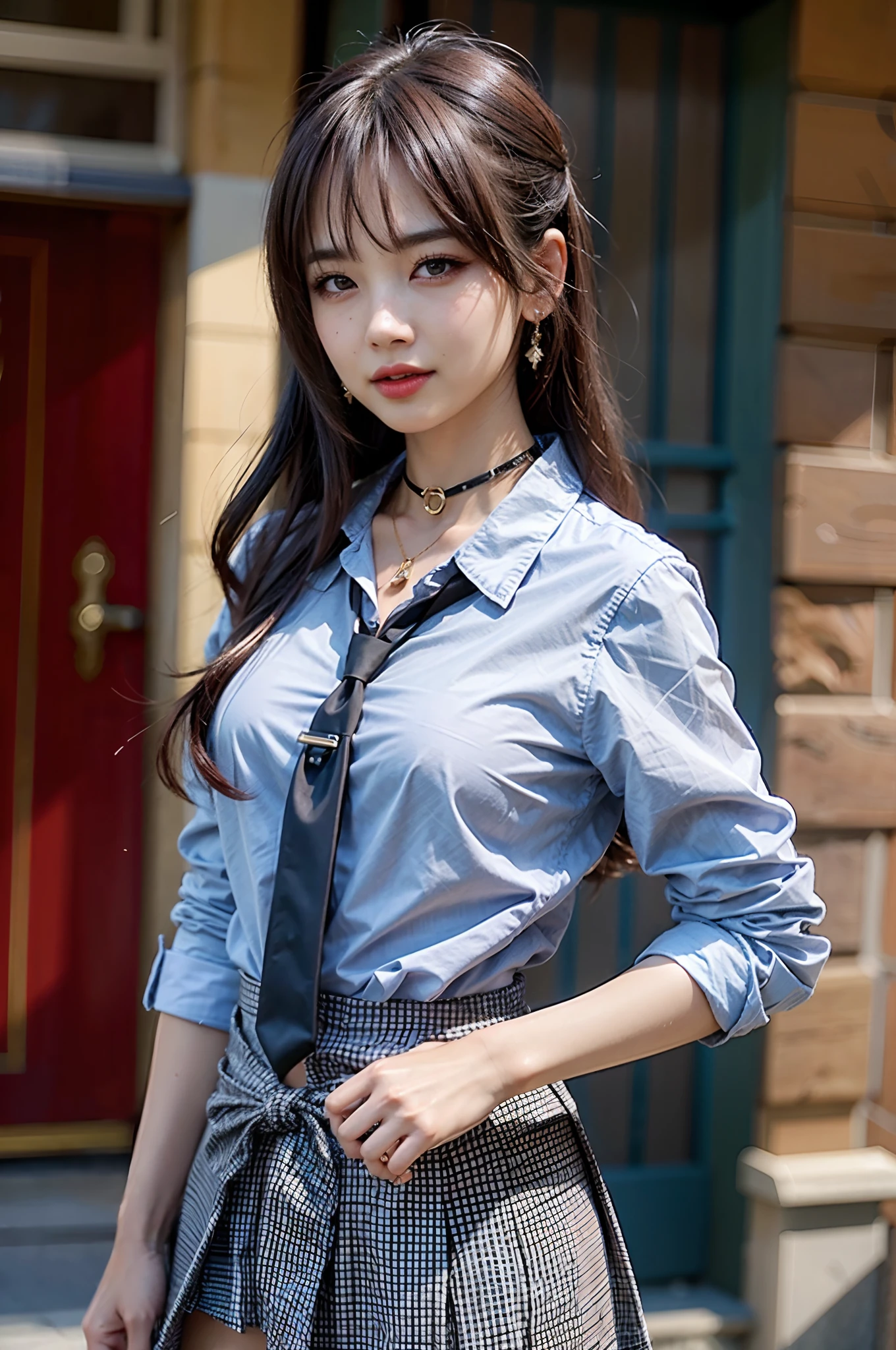masterpiece, best quality, full body, 1girl, bangs, black choker, black necktie, black hair, blue skirt, blush, bracelet, breasts, choker, clothes around waist, collarbone, collared shirt, cowboy shot, dress shirt, ear piercing, eyebrows visible through hair, gradient hair, grin, gyaru, jewelry, kogal, long hair, looking at viewer, loose necktie, necktie, piercing, plaid, plaid skirt, pleated skirt, red eyes, ring, school uniform, shirt, skirt, smile, solo, white shirt, street, sky, cherry blossoms, petals,illustration, (magazine:1.3), (cover-style:1.3), fashionable, woman, vibrant, outfit, posing, front, colorful, dynamic, background, elements, confident, expression, holding, statement, accessory, majestic, coiled, around, touch, scene, text, cover, bold, attention-grabbing, title, stylish, font, catchy, headline, larger, striking, modern, trendy, focus, fashion,