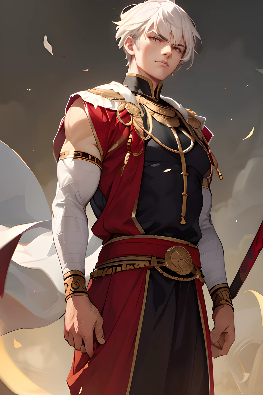 Personaje de anime con cabello blanco y capa roja sosteniendo una espada, ojos rojos, inexpresivo, rostro varonil, Keqing de Genshin Impact, Chico guapo en el arte de Demon Slayer, Zhongli de Genshin Impact, Fanart exquisito altamente detallado, Arte oficial de alto detalle, Arte detallado del personaje de anime, por Yang J, Arte detallado del anime digital, beautiful androgynous prince, Arte Casimiro, fanart detallado, Arte de anime clave detallado