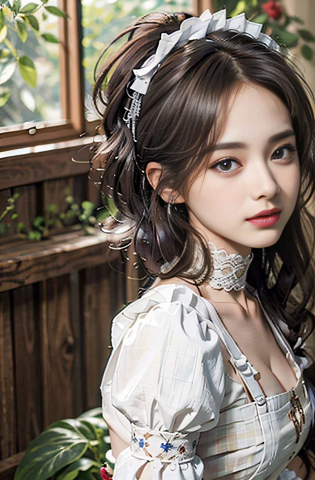 (8K, Raw photography, top-quality, ​masterpiece: 1.2), ​masterpiece, Super Detail, 超A high resolution, (Realistic and realistic photos: 1.37), high-definition RAW color photography, extremely delicate and beautiful, ighly detailed, 8K Wallpaper, astonishing, detaileds, extremely detailed eye, highlydetailed skin, extremely detailed fingers, highly detailed nose, highly detail mouth, perfect anatomia,1girl in, Apron, Black Dress, Blurry, Blurry background, Blurred foreground, blush, braid, breasts, depth of fields, Dress, eyebrows visible through hair, frilld, gloves, hair between eye, Indoors, Jewelry, juliet sleeves, Long sleeves, Looking at Viewer, maid, maid apronl, Maid headdress, Puffy sleeves, Short hair, Sitting, Solo, White Apron, window, Huge boobs、乃木坂アイドル、韓国アイドル、hposing Gravure Idol、女優、25-years old、tall、cafes、resturant、Italy、Americans、Australia