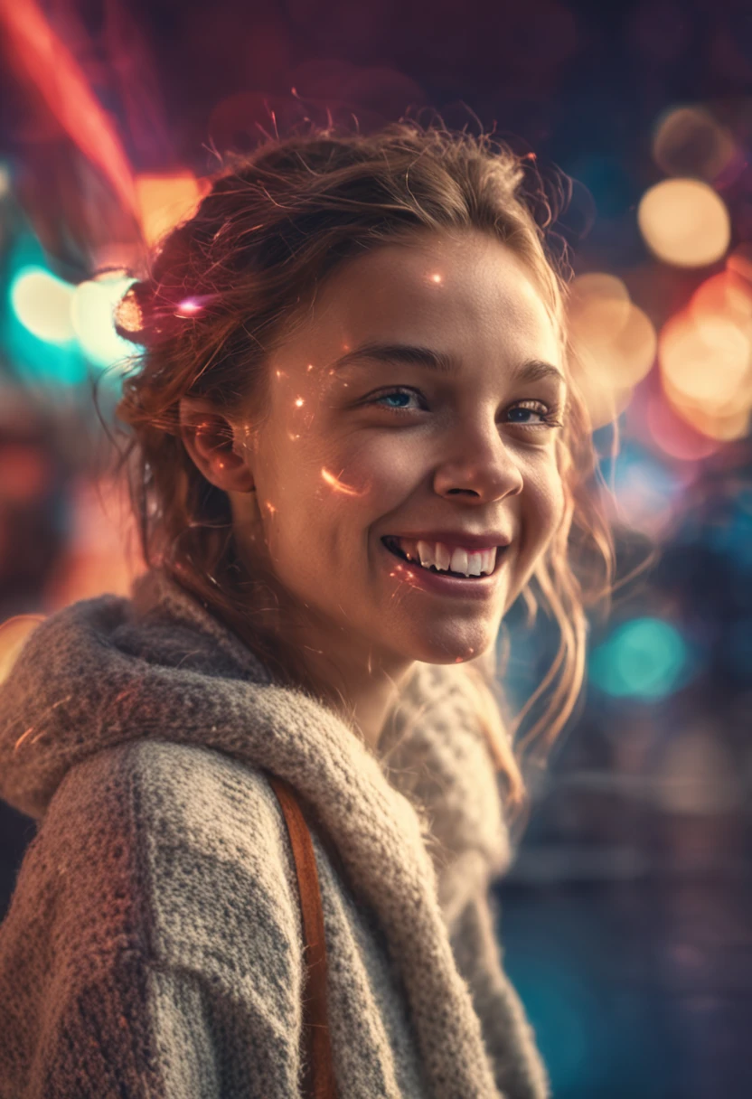 a girl, cosy sweater on, upper body, (huge Laughing:1.1), (open mouth:1.1), (wide open eyes:1.2), sun glare, bokeh, depth of field, blurry background, light particles, strong wind, (heart particles:1.1)