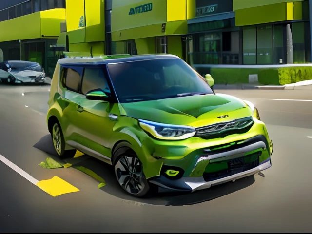 arafed green car with a yellow sticker on the front of it, kia soul, vehicle, van, 12k, 1 2 k, avatar image, 6k, 6 k, unique, kid, 8k!!, new vehicle, 9 k, 9k, discovered photo, do, featured, , vehicle profile, 16k