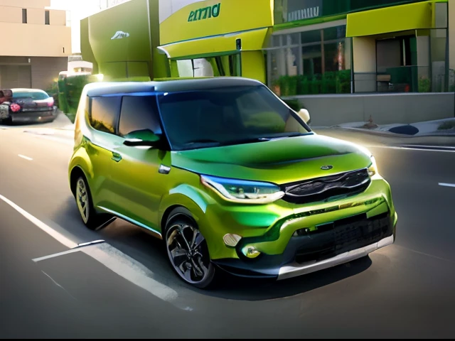 arafed green car with a yellow sticker on the front of it, kia soul, vehicle, van, 12k, 1 2 k, avatar image, 6k, 6 k, unique, ???, 8k!!, new vehicle, 9 k, 9k, discovered photo, do, featured, , vehicle profile, 16k