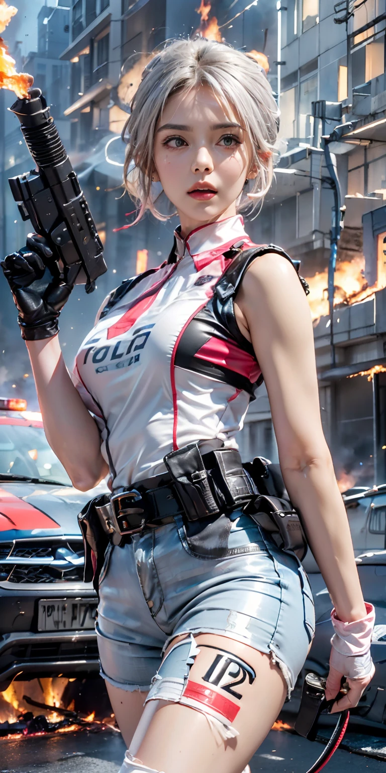 (Photorealistic, Ultra High Definition), ((close up:1.5, looking at viewer)), Soft light,1 police lady, Night City, (Detailed face), (Pink coiffed short-Hair: 1.3), (cloths color base on silver black pink red white), Futuristic Racing Suits, Police costume like Streetwear, police badge, High-Tech Headset, black army belt, racing gloves, hot pants or low miniskirts, holding a handgun, "POLICE", ((Background crashed cars, burning car, fire background, Explosions, Running Audience)),