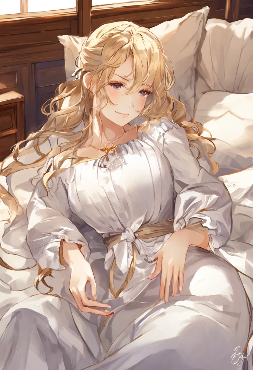 (masterpiece, best quality:1.3), 1girl, nice hands, gold hair, 1 girl, upper body violet_evergarden sleeping on bed closed eyes, medium breasts, perfect face, blond hair, hair ribbon, long sleeves, white dress, green gem, brown gloves, indoor, chair, window, bed, looking at viewer, pregnant, pregnant belly, ((pregnant)), black chocker on neck. a dog leash around her neck