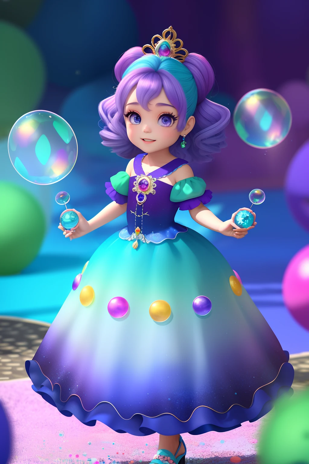 , tipo , barnet, vestido com as cores do azul e roxo, produces magical soap bubbles, Center standing on the ground, Estilo Pixar, 8k, majo, cabelos rosa e roxo penteado com coques, olhos azuis, sapato roxo e meias coloridas, Estilo Disney,