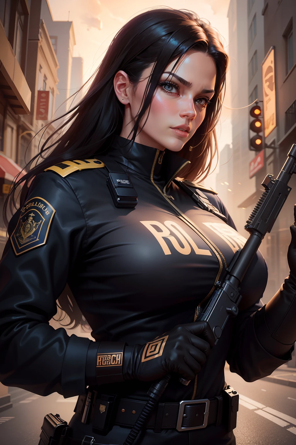 Simple background (female police uniform and police hat: 1.4), skilled hands, 4K, high resolution, masterpiece, top quality, headshot: 1.3, (Hasselblad photography), fine skin detail, clear focus, (cinematic lighting), soft lighting, dynamic angle, [:(detailed face: 1.2): 0.2], gaze at the abdomen, large chest, breasts, ((within a mansion)), (bare breasts: 1.4), 1 girl, jewelry, earrings, orange sky, solo, mole, long hair, mole under eye, upper body, grey eyes, looking at the viewer, black hair, fashion (tilt of the head: 1.4), plain background, red background.