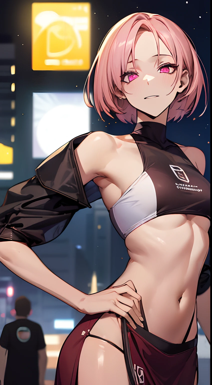 (masutepiece, Best Quality:1.5), (Blue-violet theme:1.2), (fine lines, Particle:1.6), Upper body, 8K, absurderes, tight outfit, close up of face, thighs thighs thighs thighs, Delicate girl, Violet crop top, Sleeveless, Violet skirt, Cinch West, From below, arching back down, Shiny skin, (Colossal tits, Standing, Looking at Viewer, zora々Right, , Pixie Short Hairstyles, Cream yellow hair, shorth hair, Black skin, digital anime:0.8), (Edge lighting, highest details, ighly detailed, ultra-detailliert, finely detail:0.8), [:Detailed face and eyes:10], (Lesh pink eyes:1.2), Simple background, (City at night with a dull bluish tint:1.5), (a sultry:1.6), Race Queen, Night Circuit, Racing Courses, Large crowds, Spectators, Fireworks Unreal Engine 5 Realistic Rendering, cosplayer, Random Posing, Race Queen、Uniform with logo、 Exquisite beauty、Beautiful face, Body shape of slim model, Colossal tits, shiny, wet shiny body, short white hair, dark brown skin, neons、Large crowds、audience、Forming an emperor、Drag racing、Midsommar Racing Circuit、racing car、Lower grade、crowd、spectators、