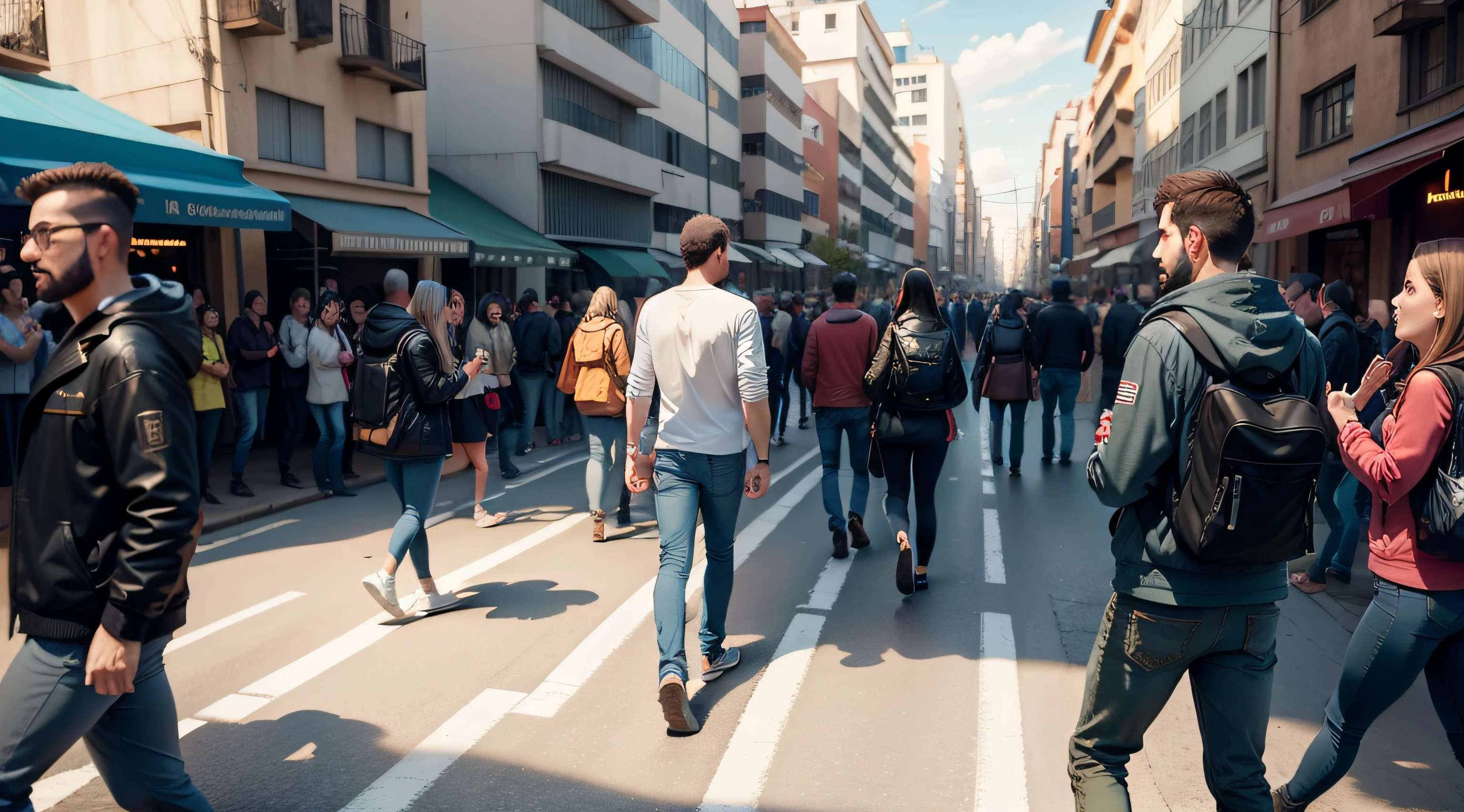 Medium plan of a street with a lot of movement of people, no primeiro plano um homem jovem, 8k, Hiper realista, alta resolução, alto detalhe