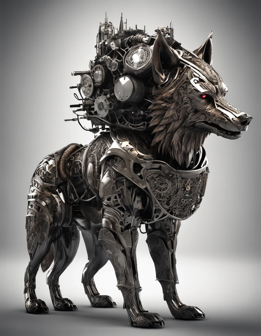 maximum quality, Dramatic lighting, menacing pose, fierce expression, epic atmosphere, (((wolf head shaped helmet))), (((full body shot))),a wolf made out of metal, cyborg, cyberpunk style, clockwork, ((intricate details)), hdr, ((intricate details, hyperdetailed)), incandescent lamps, cinematic shot, vignette, bokeh effect beckground, (canines), (full body shot).