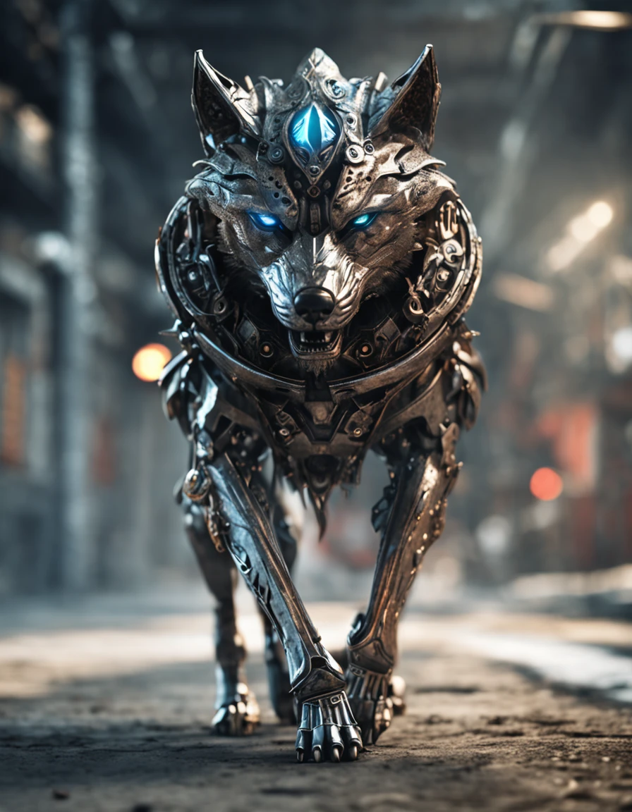 maximum quality, Dramatic lighting, menacing pose, fierce expression, epic atmosphere, (((wolf head shaped helmet))), (((full body shot))),a wolf made out of metal, cyborg, cyberpunk style, clockwork, ((intricate details)), hdr, ((intricate details, hyperdetailed)), incandescent lamps, cinematic shot, vignette, bokeh effect beckground, (canines), (full body shot).