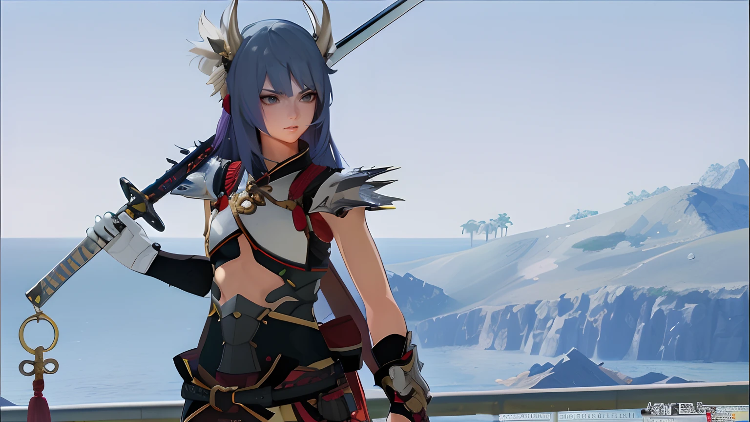 anime character with sword and armor standing in front of a mountain, ayaka game genshin impact, ayaka genshin impact, keqing from genshin impact, final fantasy 14 style, katana zero video game character, zhongli from genshin impact, genshin impact character, video game screenshot>, 8 k character details, thancred waters