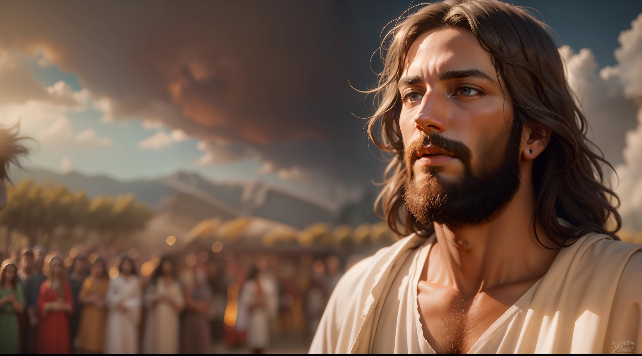 Nesta cena, Jesus is portrayed in heaven, irradiando divindade e serenidade. The atmosphere is ethereal, com suaves raios de luz iluminando os arredores. The composition is carefully framed, capturando Jesus no centro, surrounded by a paradisiacal setting. The camera zooms in to capture all the intricate details, showing the divine characteristics and expression of Jesus. His eyes reflect compassion and wisdom, enquanto seu sorriso sereno exala paz e amor. Dramatic lighting increases the depth and mood of the scene, creating a sense of wonder and reverence. The image is captured with an ultra-detailed camera, garantindo que cada nuance e textura seja fielmente reproduzida. Resolution is set to 8K, proporcionando clareza e realismo impressionantes. Photorealistic rendering brings Jesus to life, Capture the essence of your presence in a tangible and compelling way. The ratio is set to 4:3, allowing a balanced and classic composition. The version used is Midjourney 5.2, Leveraging the latest advances in imaging technology. Camera settings are set to automatic, optimizing exposure and focus to capture the scene in its utmost beauty. No geral, the scene depicts Jesus in all his glory, conveying a sense of divine presence and peace. The combination of ultra-detailed photography, Dramatic lighting and high-resolution rendering create a visually stunning and emotionally resonant depiction of Jesus in heaven.
