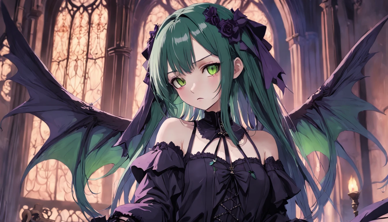 Gothic girl wearing 11-year-old vampire outfit with green eyes and long waist-length purple hair and angel wings, Club scenario, fantasy photo essay, (parte principal, qualidade superior, realista) Comendo doce, retrato longe
