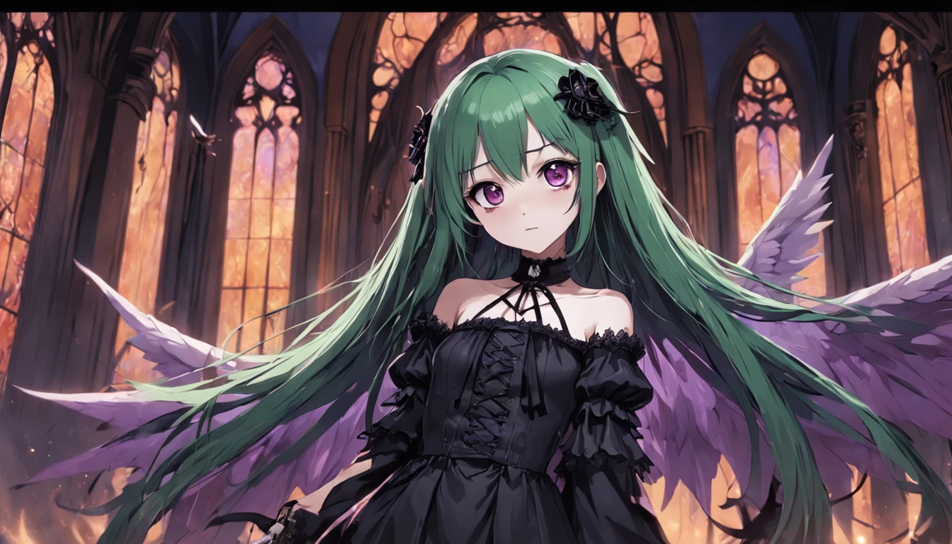 Gothic girl wearing 11-year-old vampire outfit with green eyes and long waist-length purple hair and angel wings, Club scenario, fantasy photo essay, (parte principal, qualidade superior, realista) Comendo doce, retrato longe