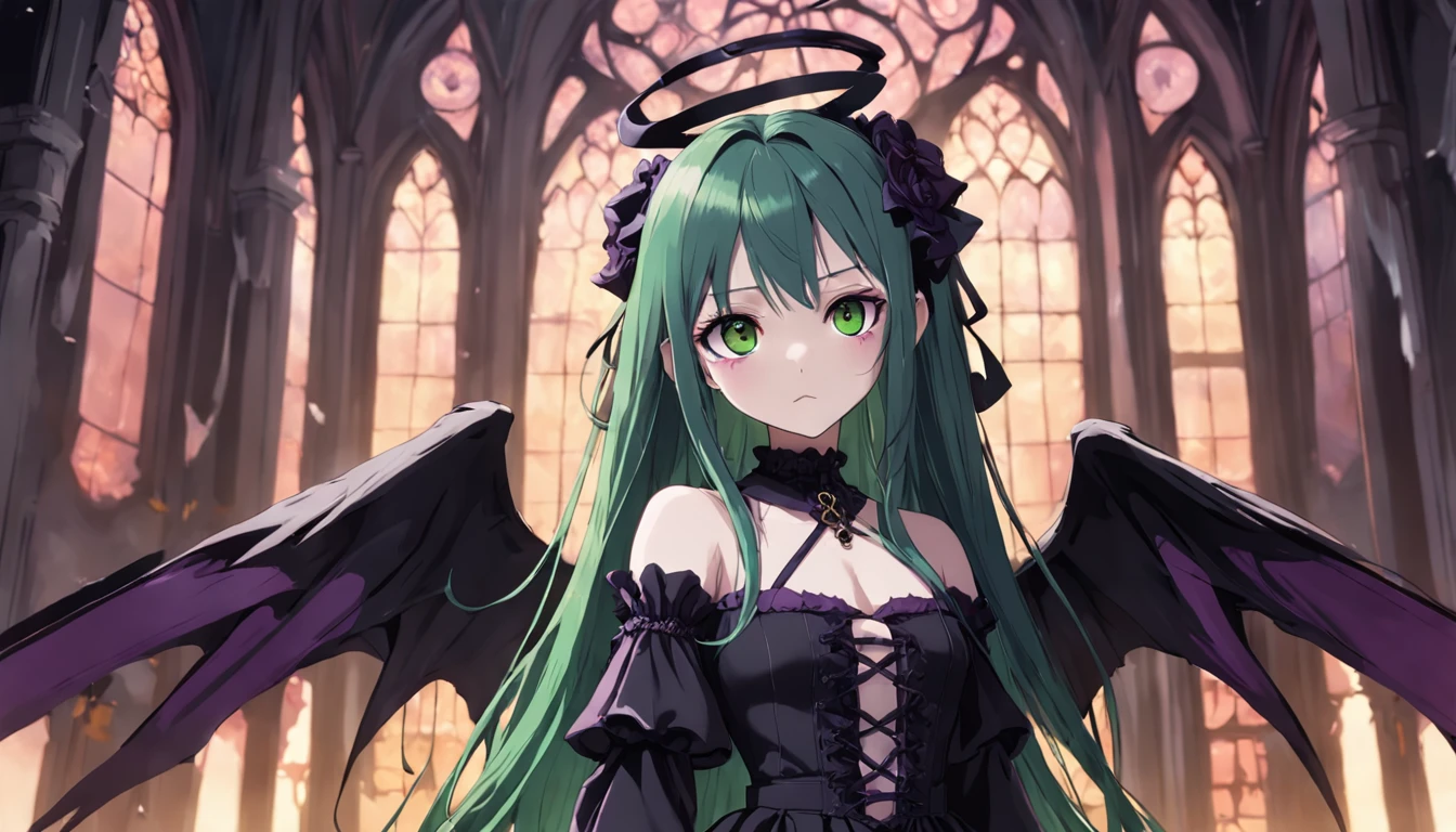 Gothic girl wearing -yeld vare outfit with green eyes and long waist-length purple hair and angel wings, Club scenario, fantasy photo essay, (parte principal, qualidade superior, realista) Comendo doce, retrato longe