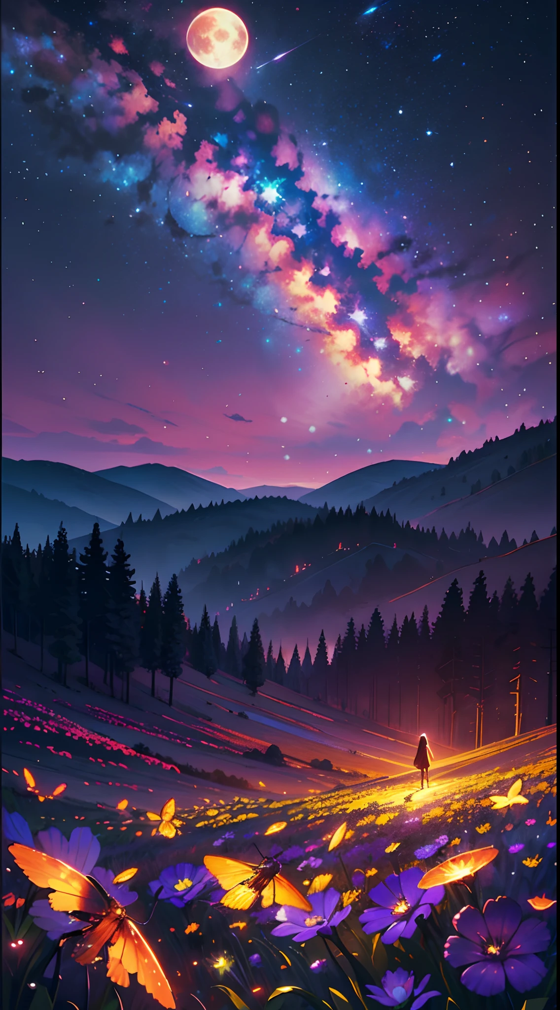 expansive landscape photograph , (a view from below that shows sky above and open field below), a girl standing on flower field looking up, (full moon:1.2), ( shooting stars:0.9), (nebula:1.3), distant mountain, tree BREAK production art, (warm light source:1.2), (Firefly:1.2), lamp, lot of purple and orange, intricate details, volumetric lighting, realism BREAK (masterpiece:1.2), (best quality), 4k, ultra-detailed, (dynamic composition:1.4), highly detailed, colorful details,( iridescent colors:1.2), (glowing lighting, atmospheric lighting), dreamy, magical, (solo:1.2)